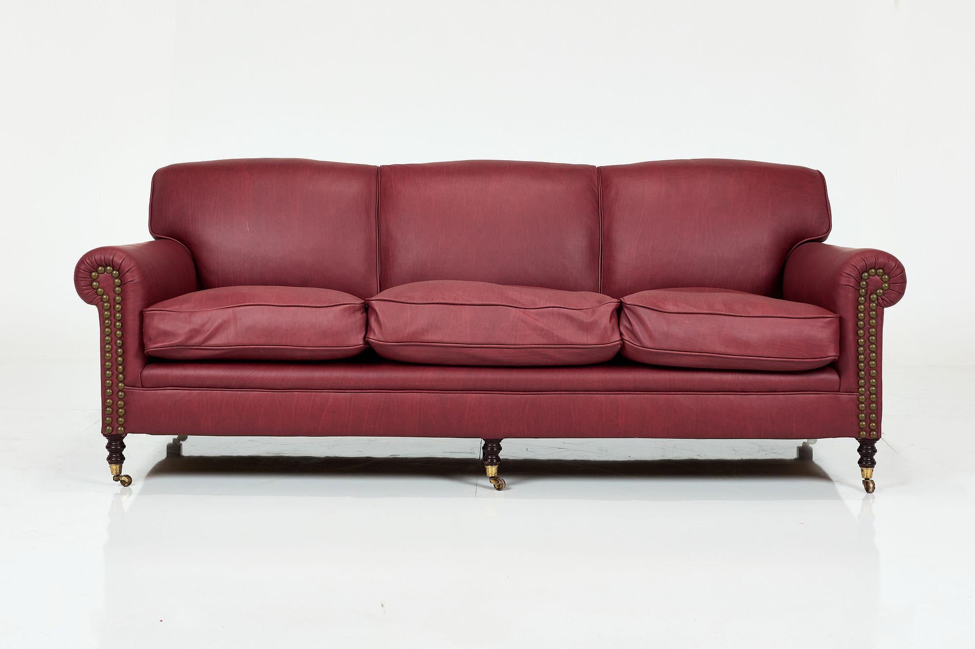 British George Smith English Oxblood Leather Scroll Arm Signature Sofa, 2000s For Sale