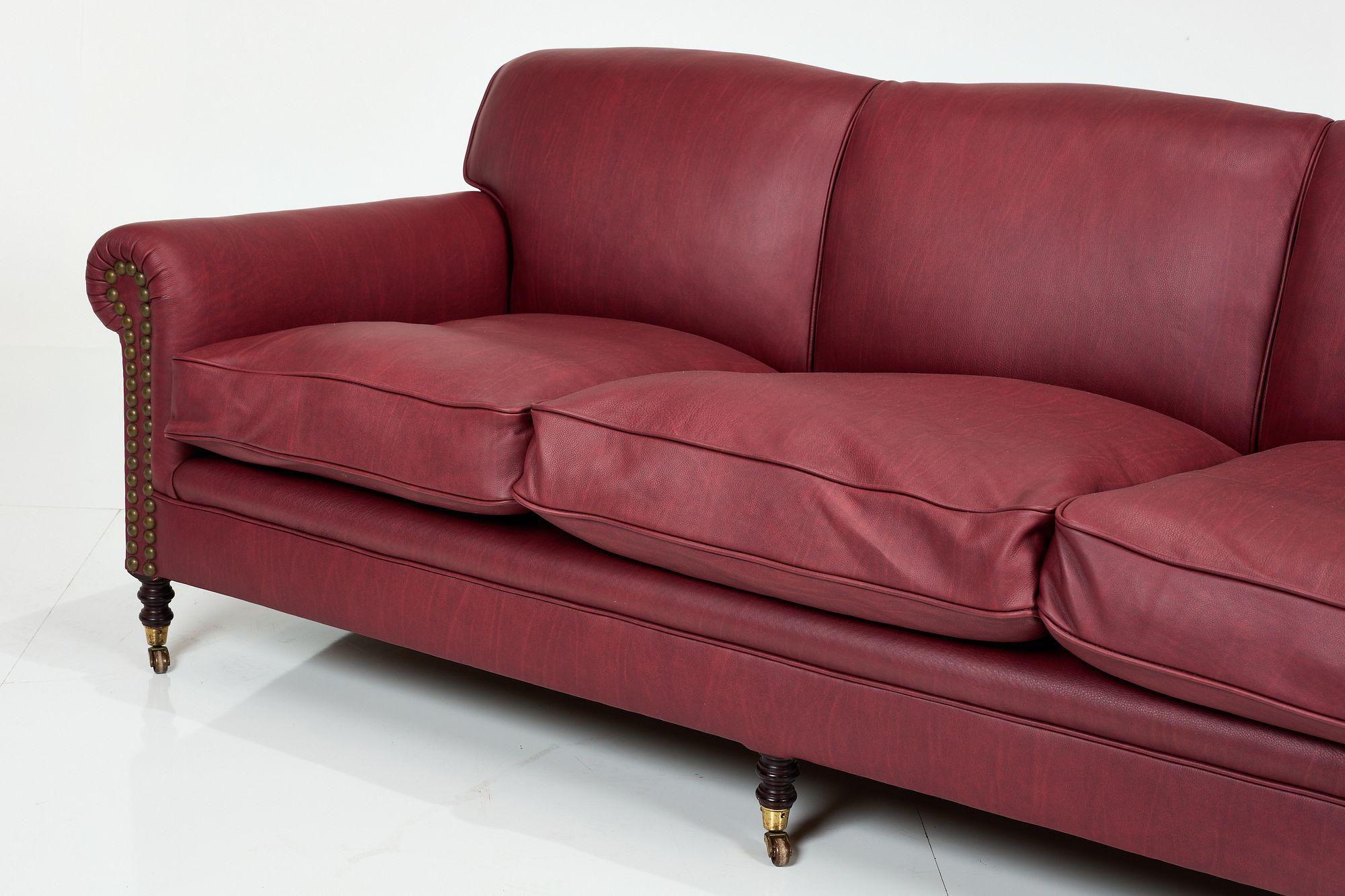 George Smith English Oxblood Leather Scroll Arm Signature Sofa, 2000s In Good Condition For Sale In Coronado, CA