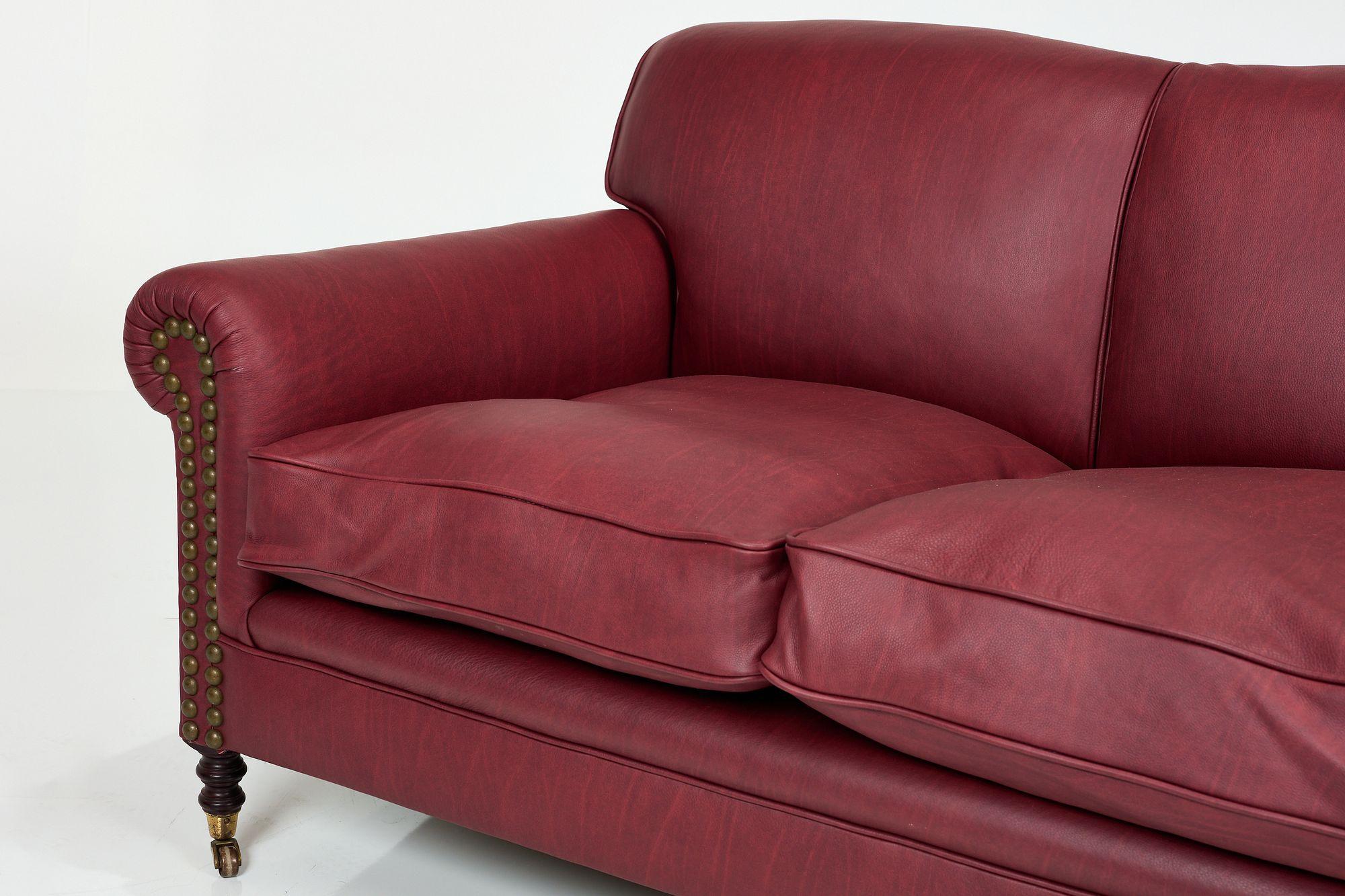 Contemporary George Smith English Oxblood Leather Scroll Arm Signature Sofa, 2000s For Sale