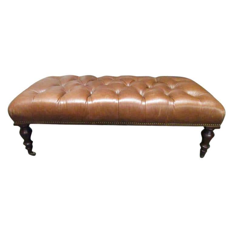 English Style Deep Tufted Bench Upholstered in Brown Leather For Sale ...