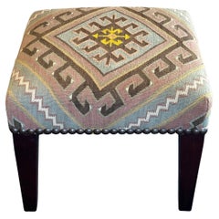 George Smith English Upholstered Stool with Kilim Textile and Nailhead Trim