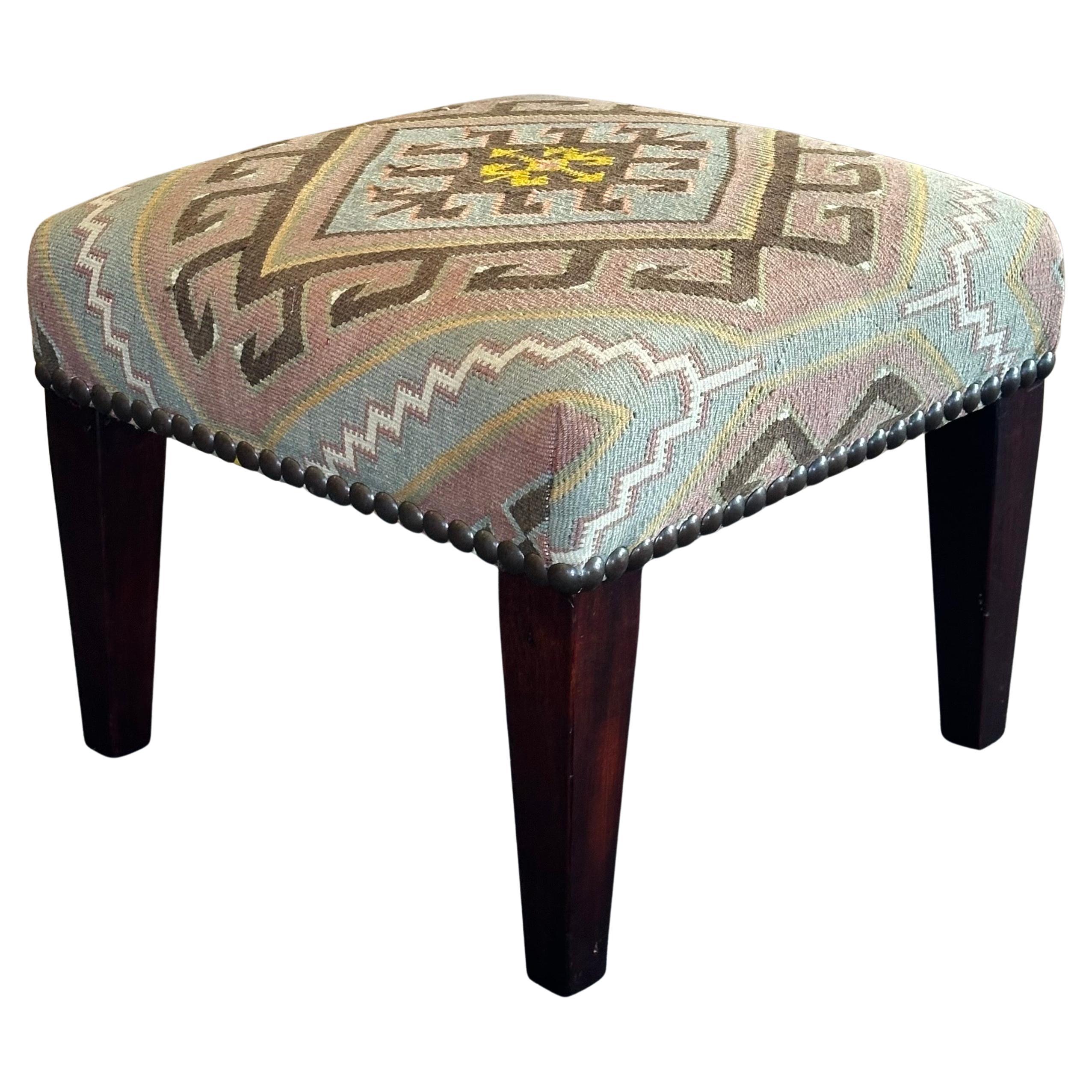 George Smith English Upholstered Stool with Kilim Textile and Nailhead Trim For Sale