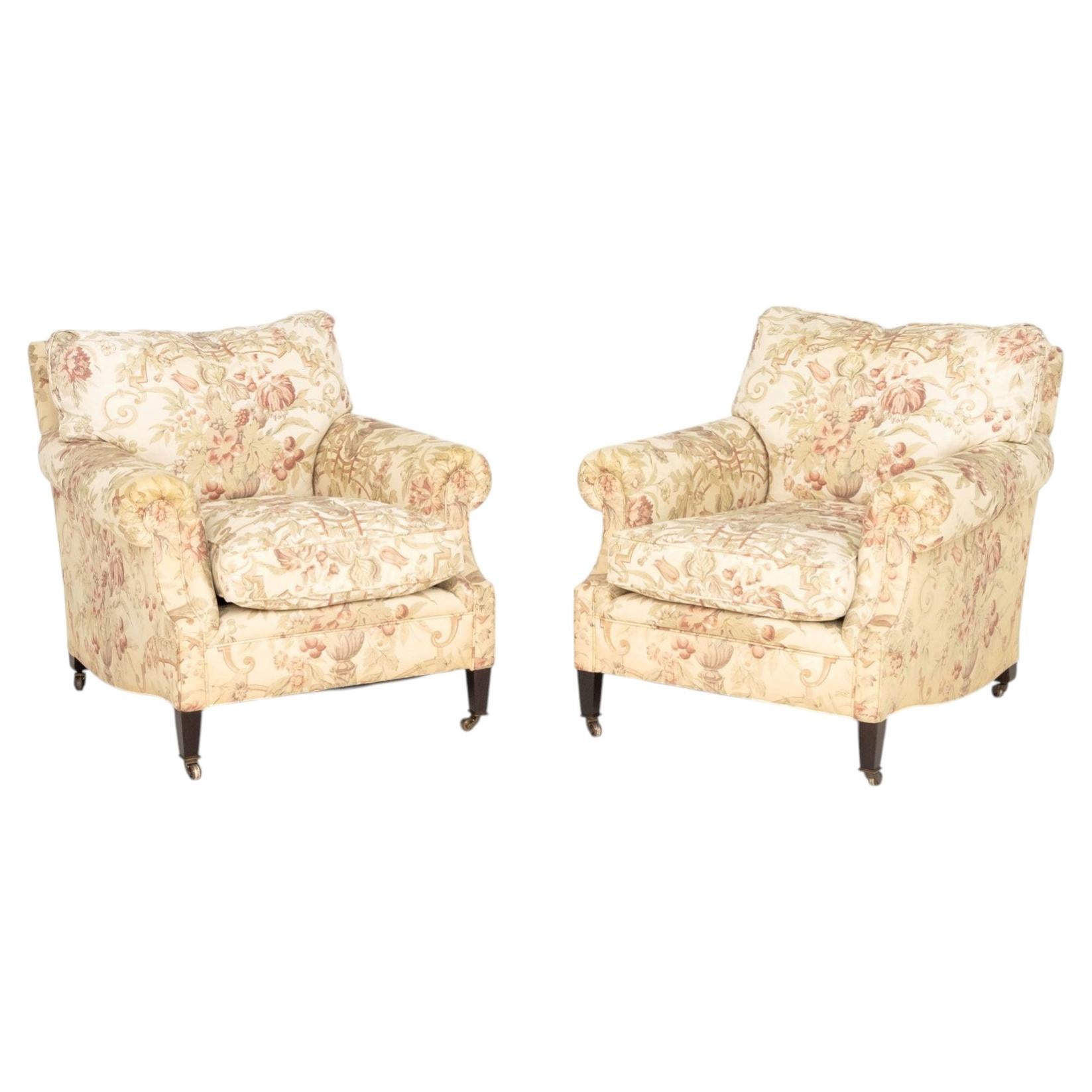 George Smith Floral Upholstered Armchairs, Pair