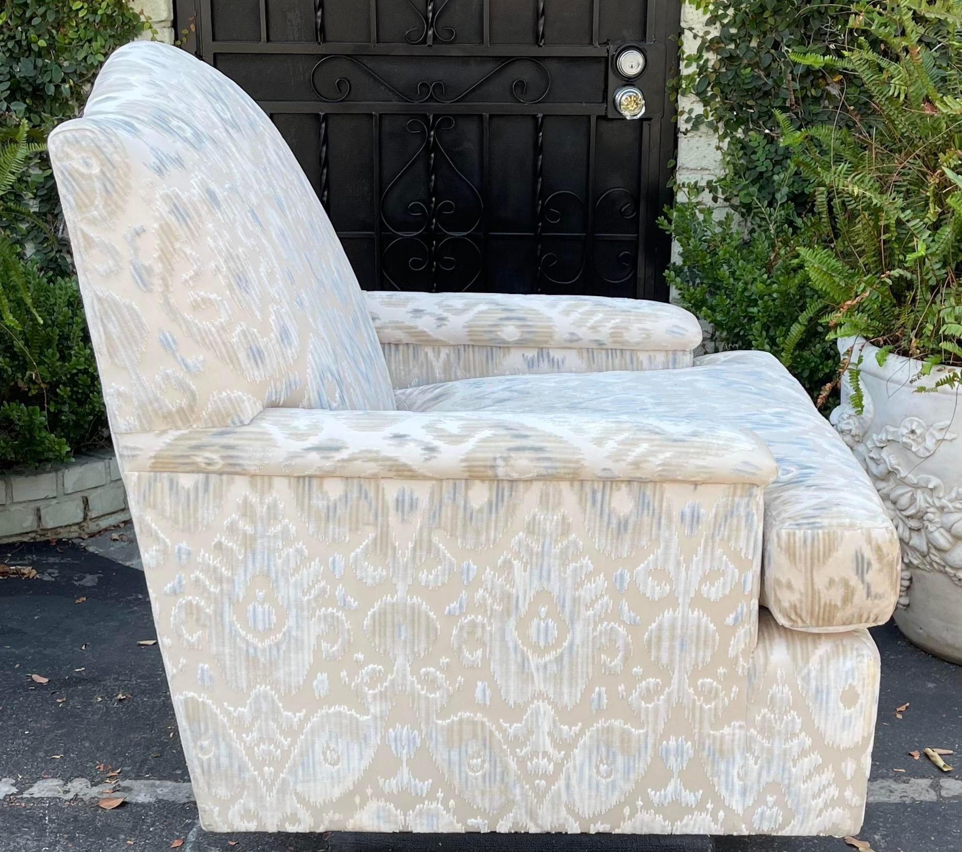 Gregorius Pineo fully upholstered club chair w ikat silk velvet.