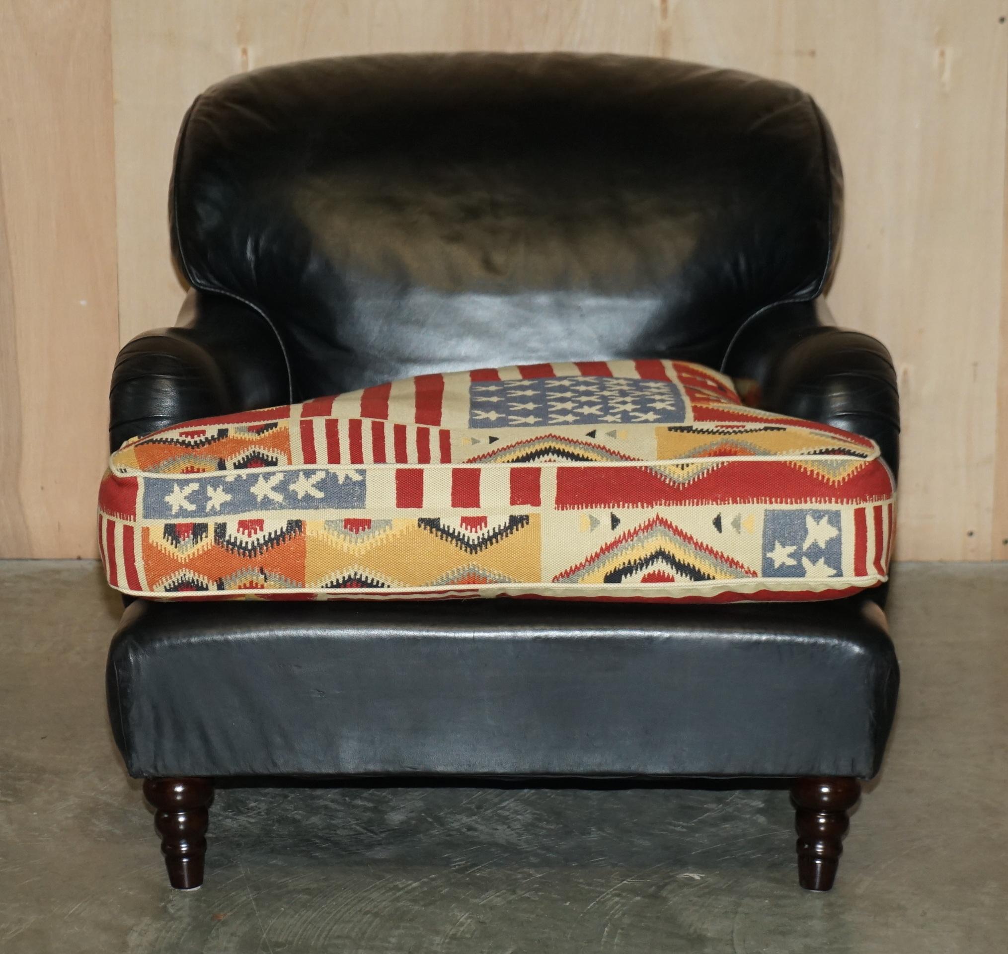 English George Smith Howard & Son's Style Kilim & Black Leather American Flag Armchair For Sale