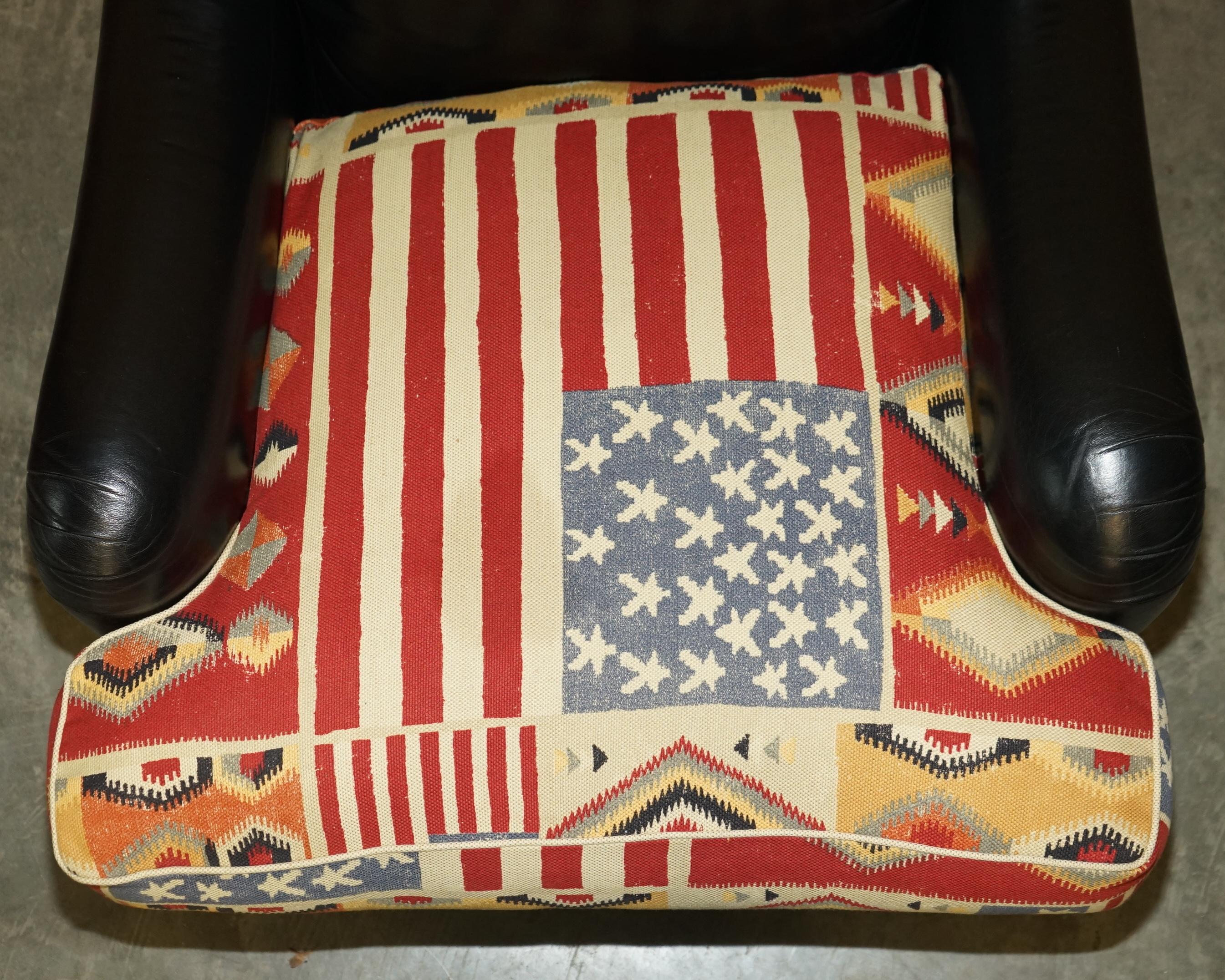 George Smith Howard & Son's Style Kilim & Black Leather American Flag Armchair For Sale 1