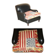 Poltrona con bandiera americana in stile Kilim e pelle nera di George Smith & Son