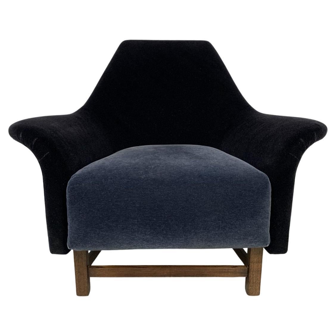 George Smith “Justice”Armchair by Tom Dixon in Black & Baltic Blue Mohair Velvet