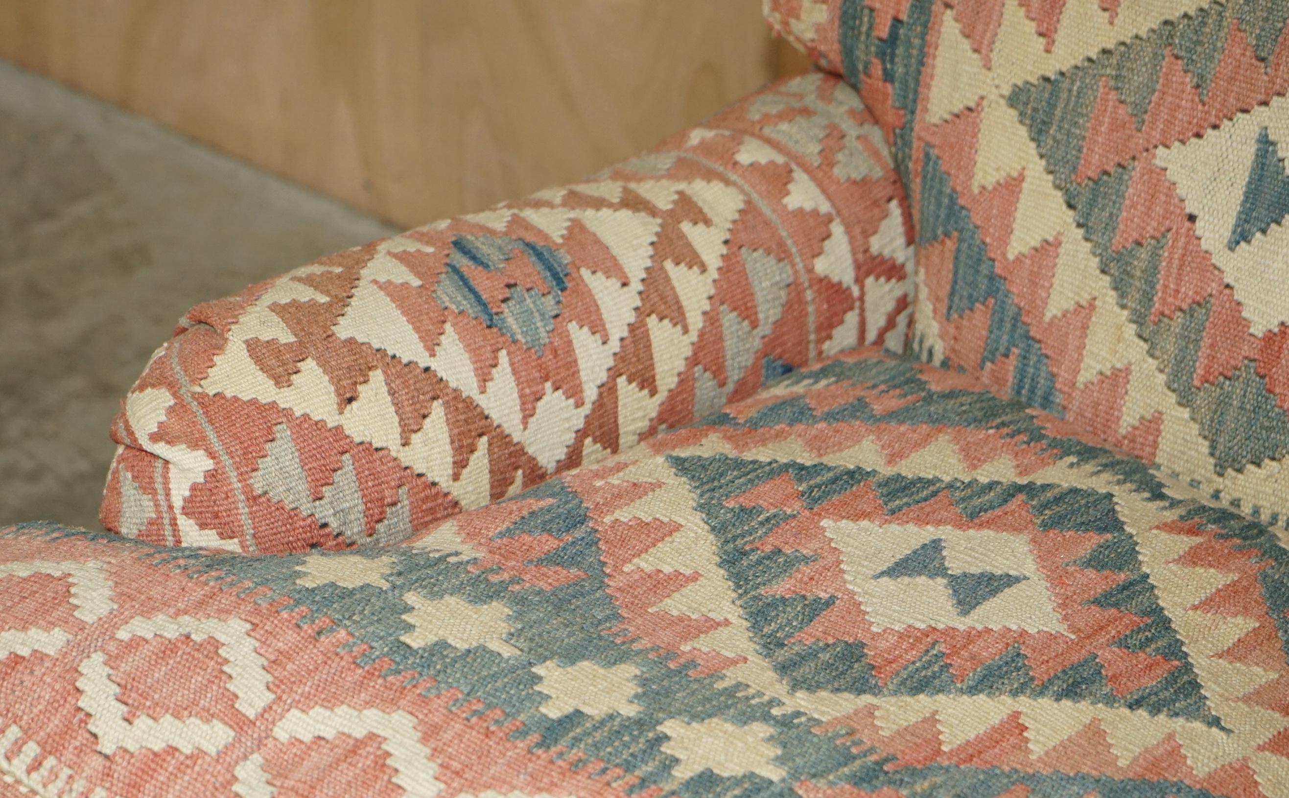 George Smith Kilim & Brown Leather Howard & Son's Armchair & Ottoman / Footstool 6