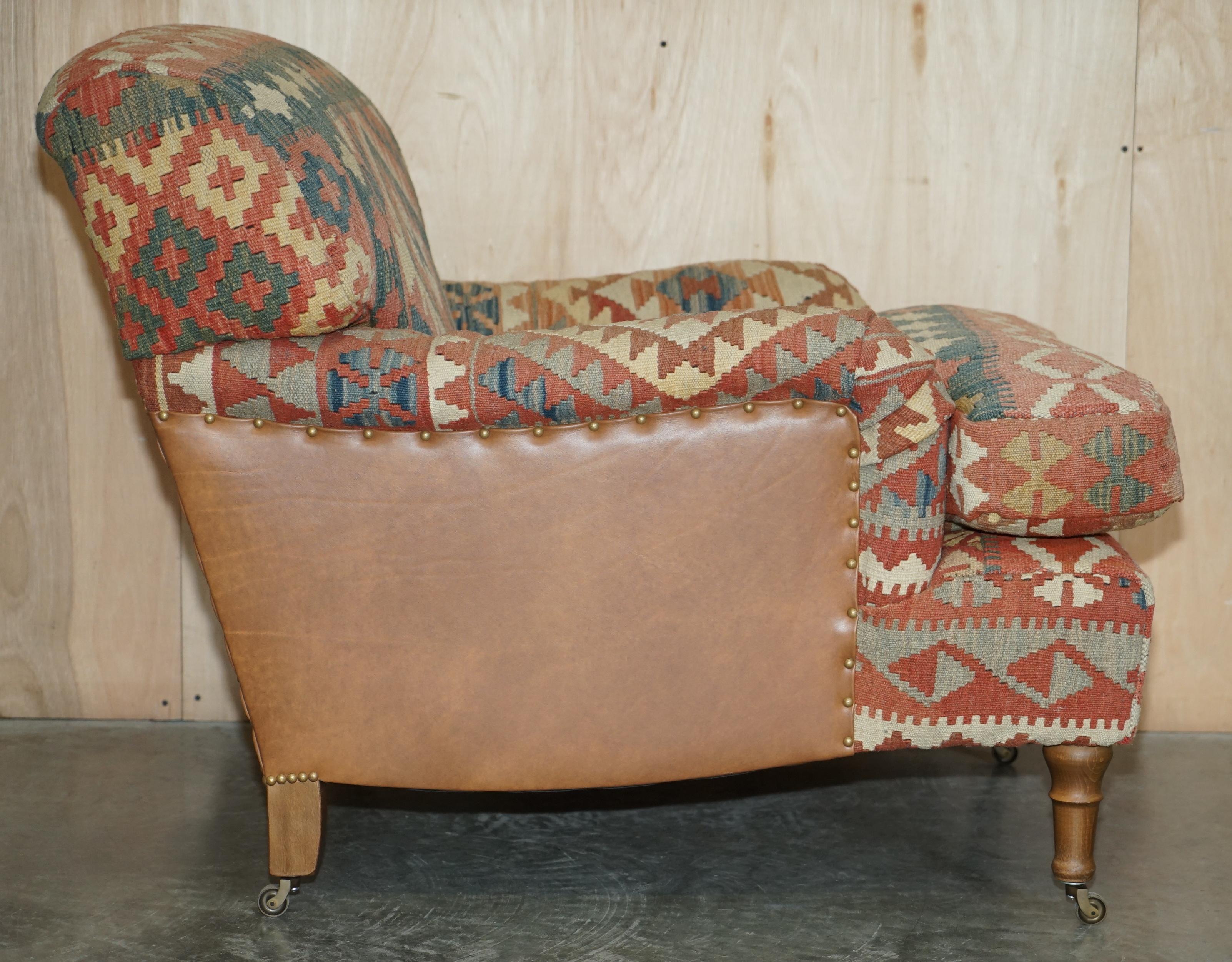 George Smith Kilim & Brown Leather Howard & Son's Armchair & Ottoman / Footstool 7