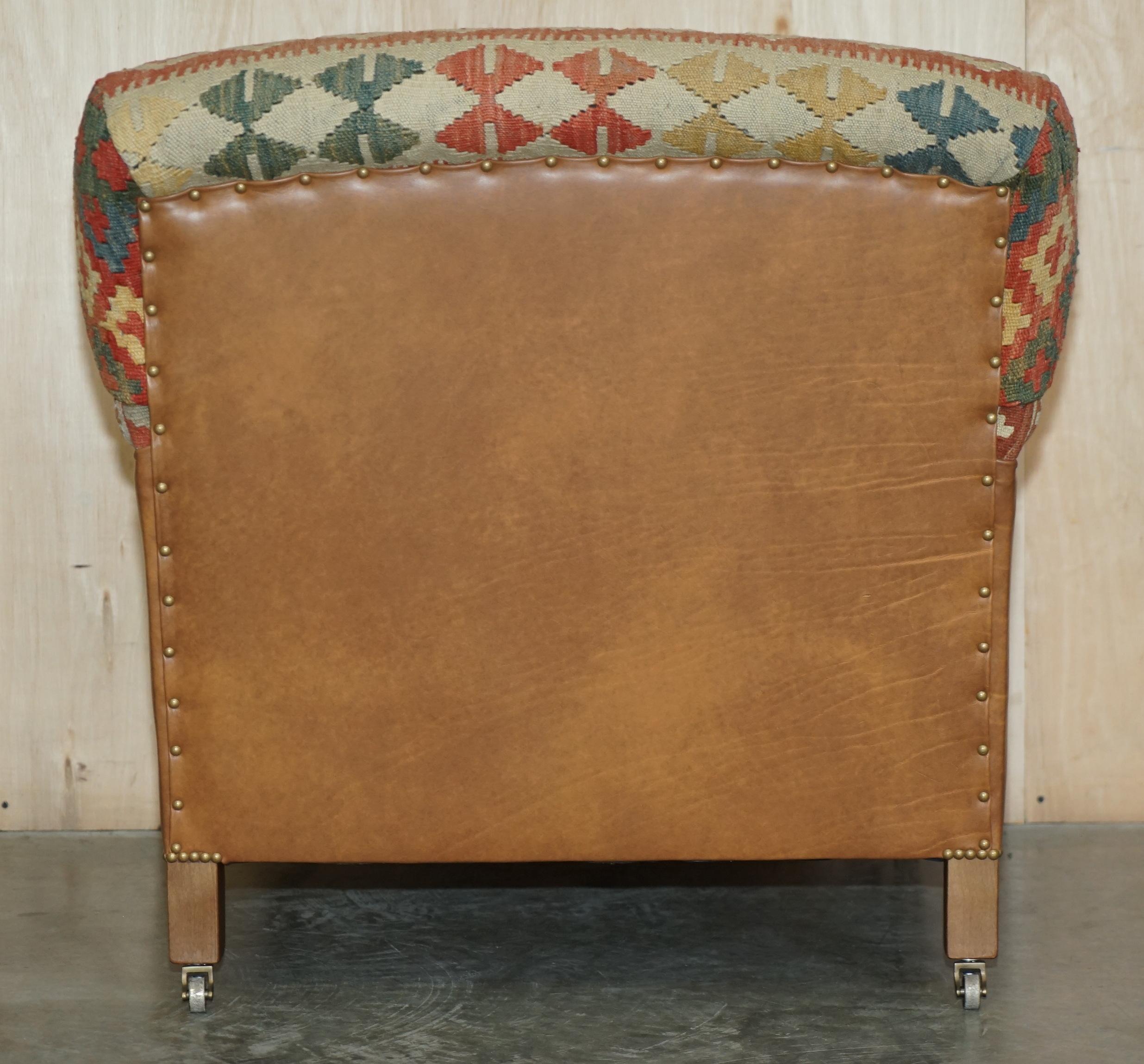 George Smith Kilim & Brown Leather Howard & Son's Armchair & Ottoman / Footstool 8