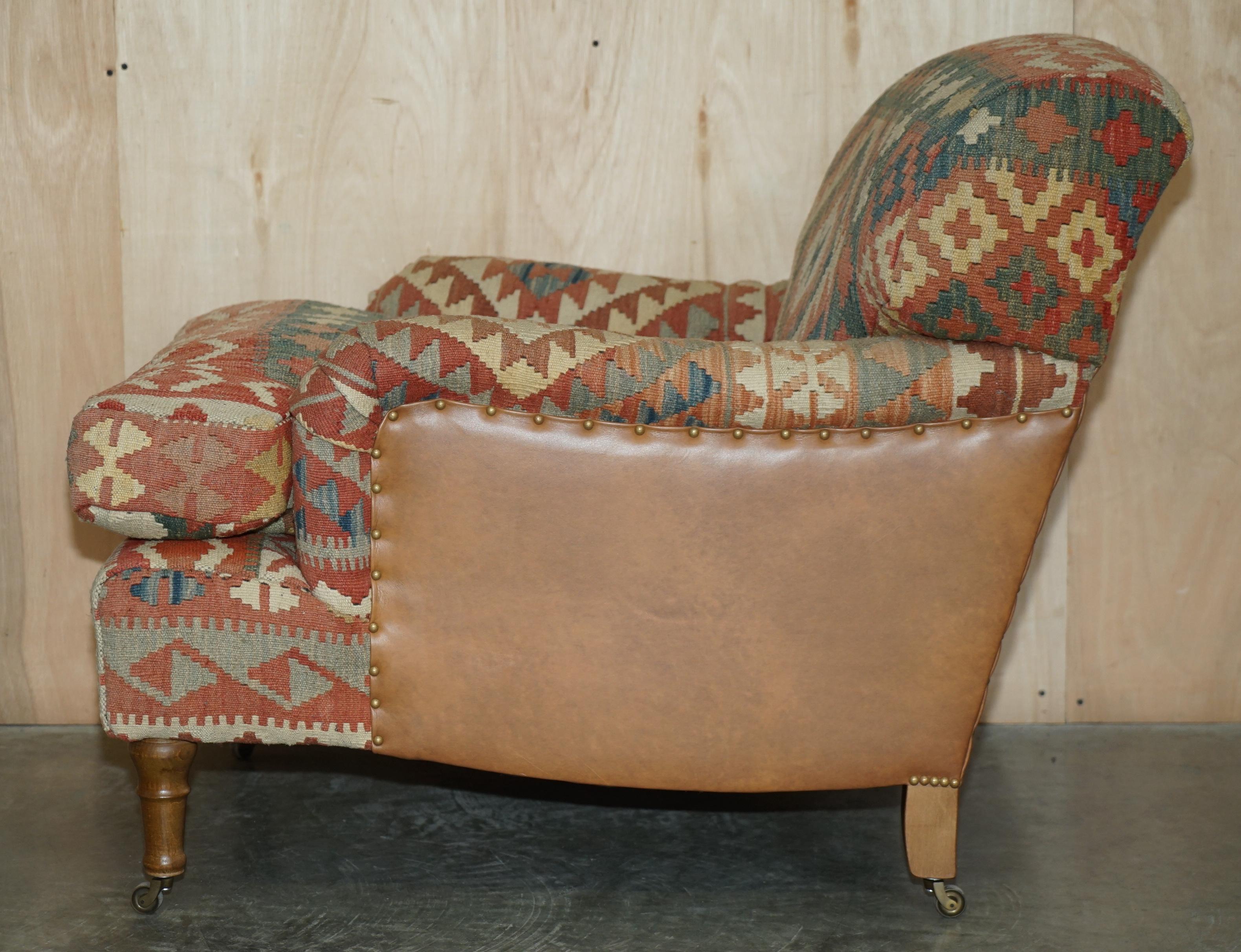 George Smith Kilim & Brown Leather Howard & Son's Armchair & Ottoman / Footstool 9