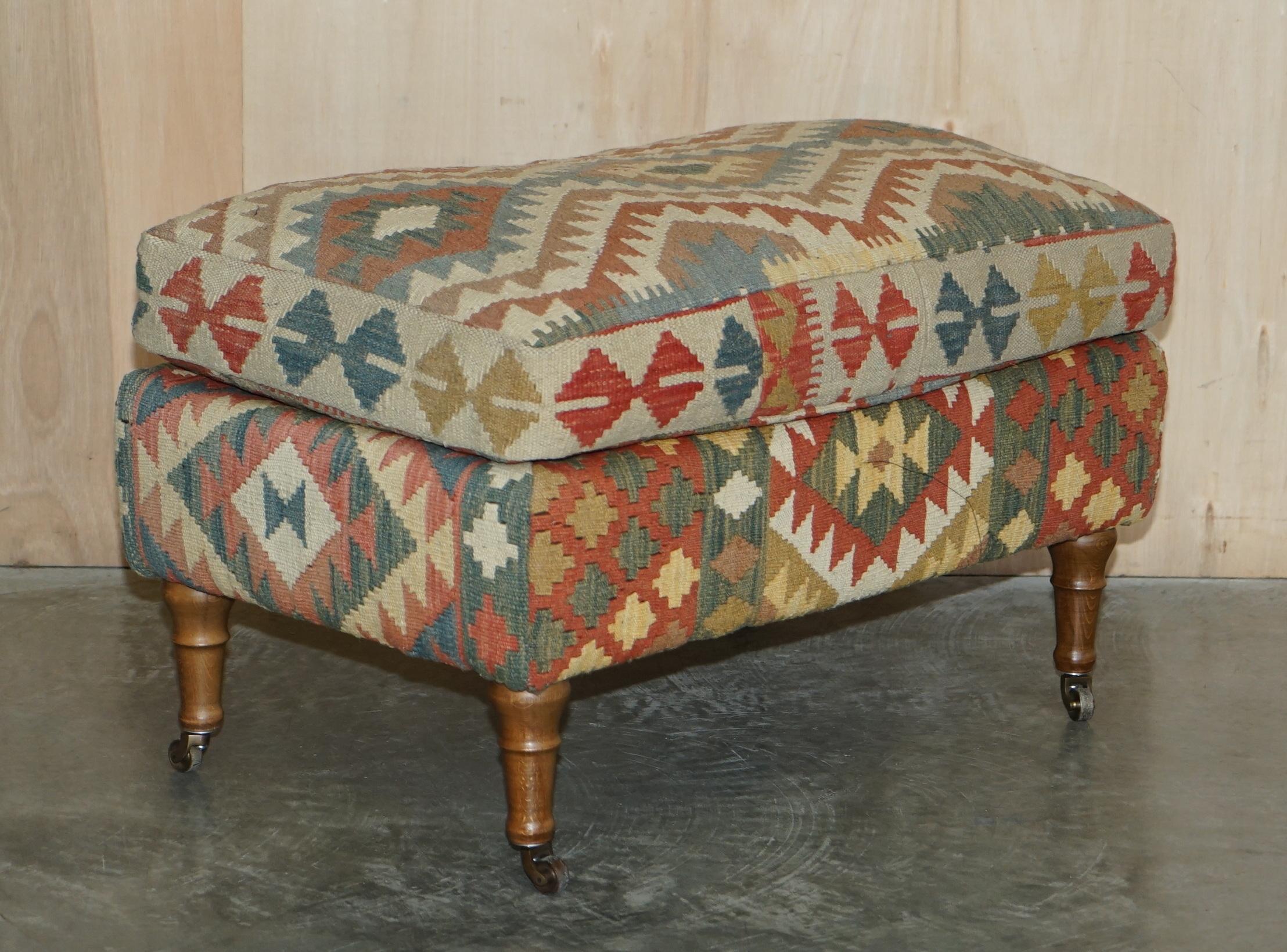 George Smith Kilim & Brown Leather Howard & Son's Armchair & Ottoman / Footstool 10