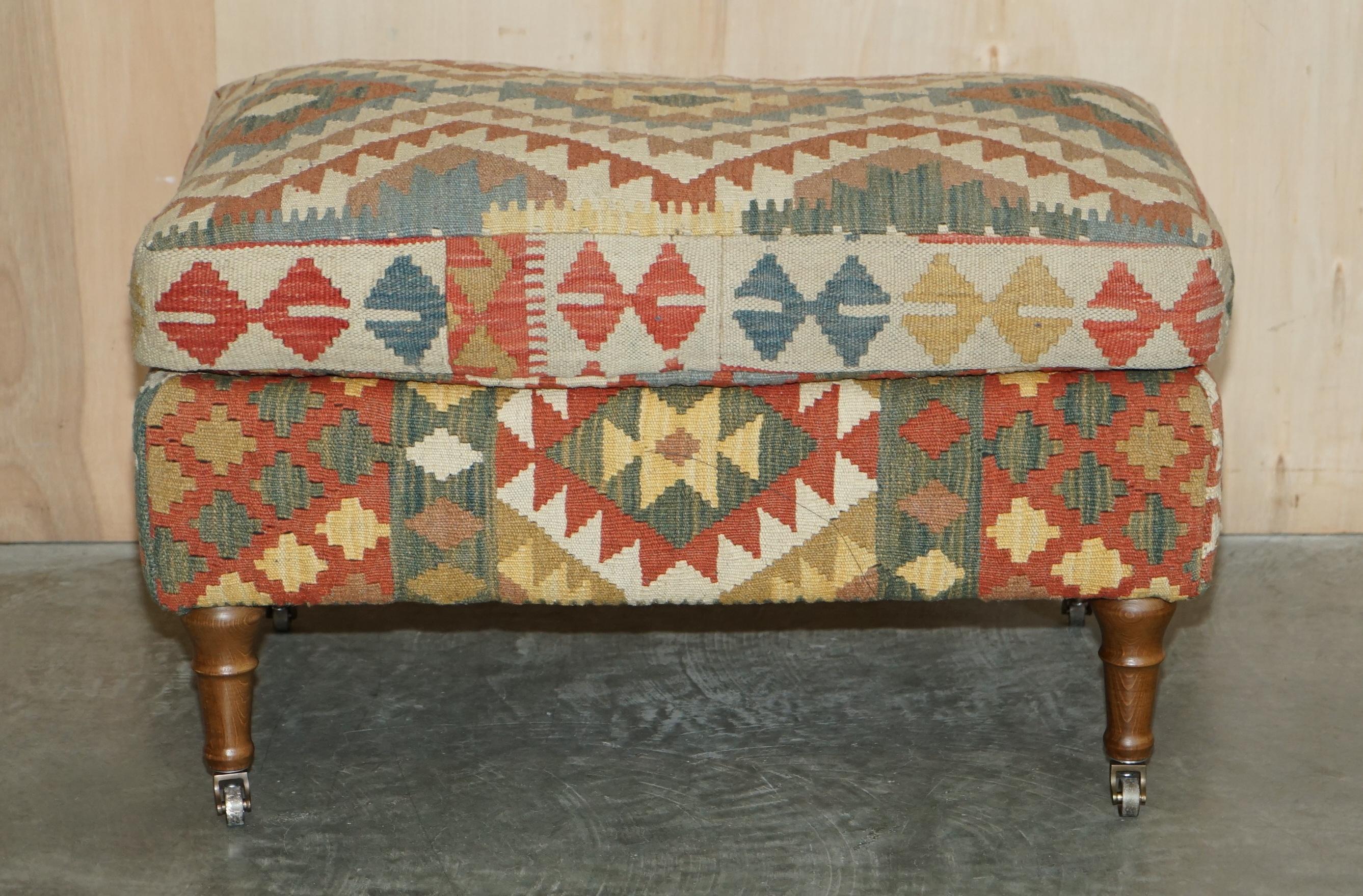George Smith Kilim & Brown Leather Howard & Son's Armchair & Ottoman / Footstool 11