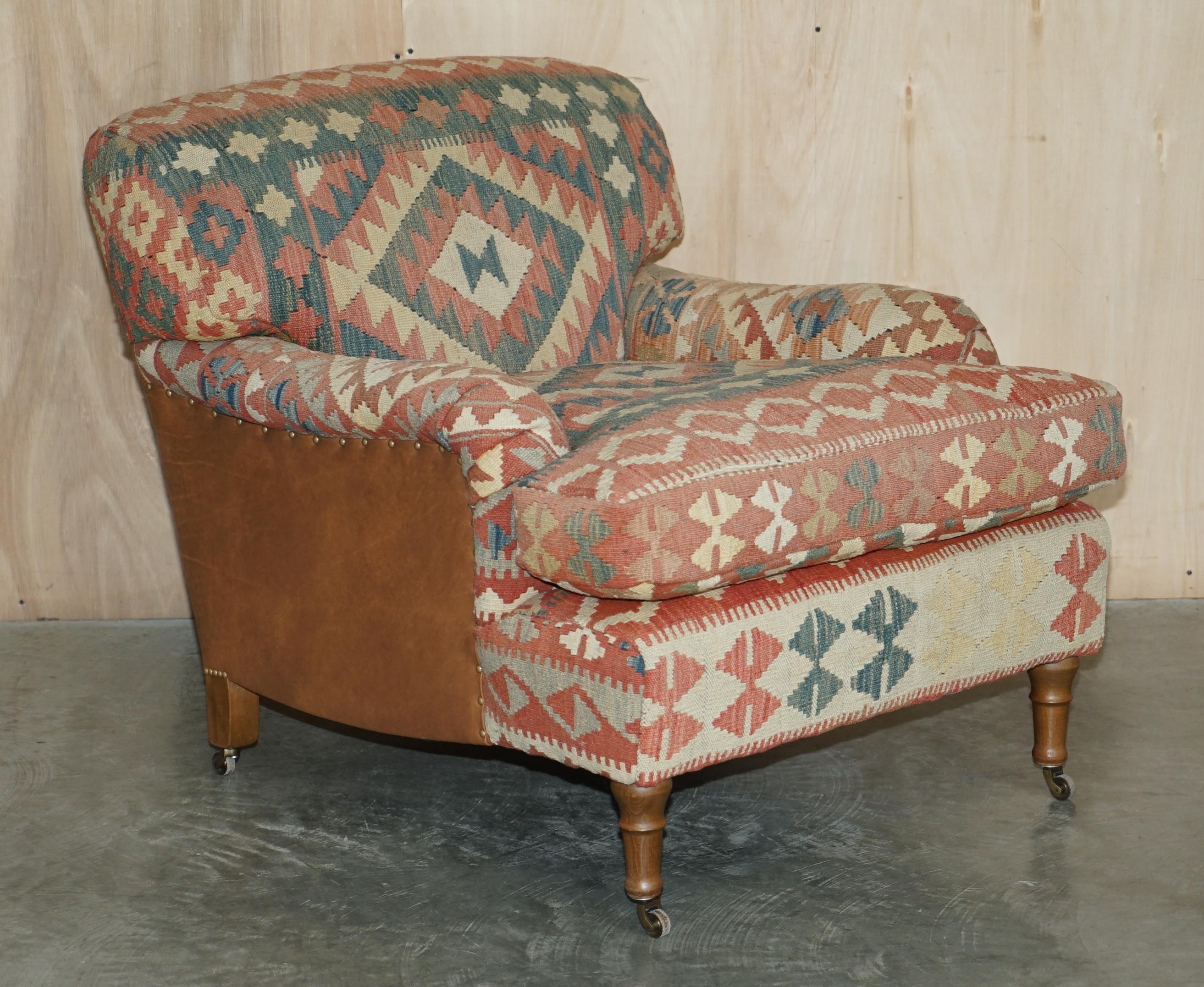 Hand-Crafted George Smith Kilim & Brown Leather Howard & Son's Armchair & Ottoman / Footstool