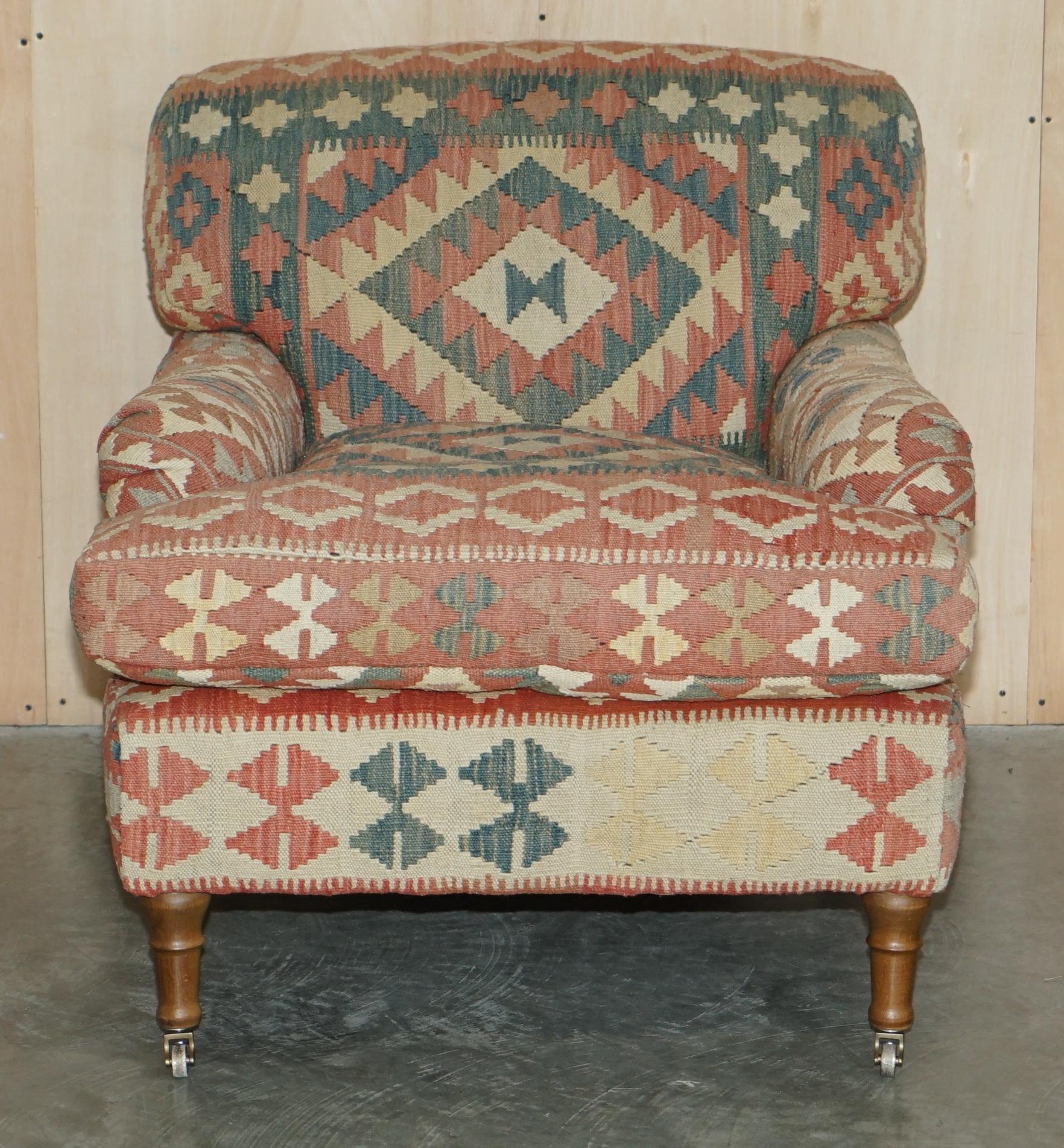 20th Century George Smith Kilim & Brown Leather Howard & Son's Armchair & Ottoman / Footstool