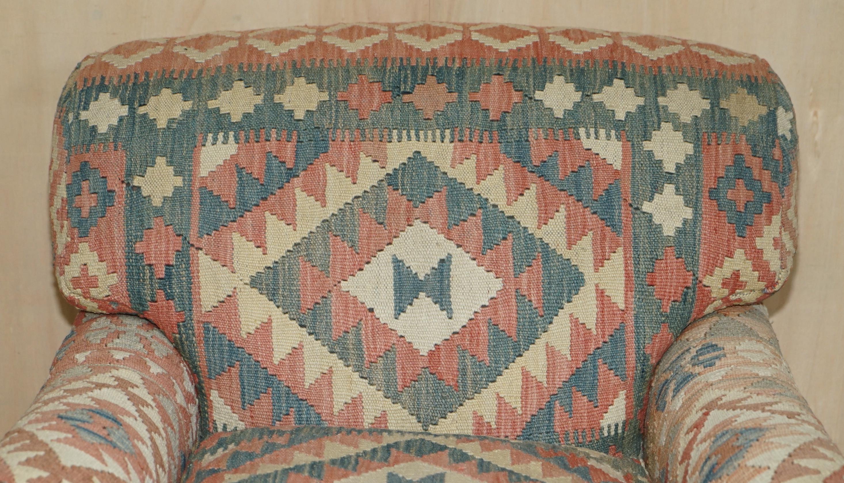 George Smith Kilim & Brown Leather Howard & Son's Armchair & Ottoman / Footstool 1