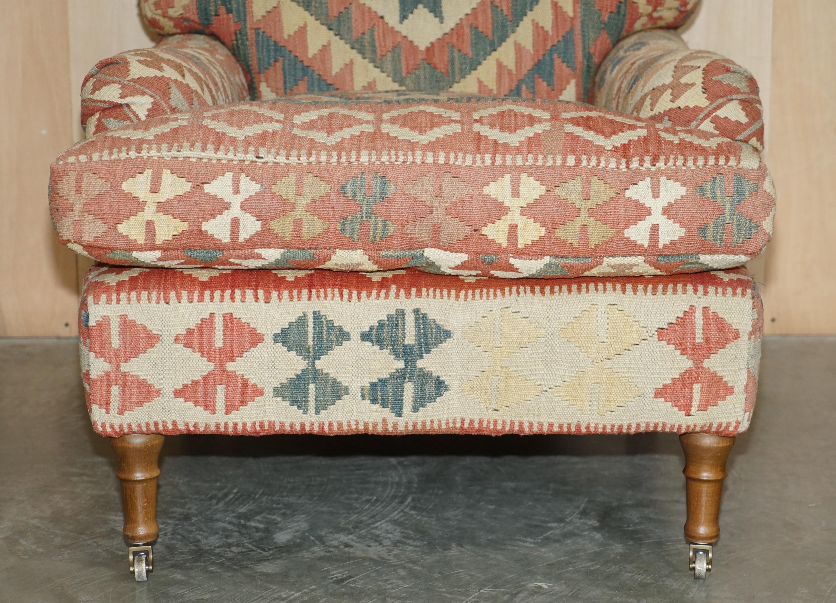 George Smith Kilim & Brown Leather Howard & Son's Armchair & Ottoman / Footstool 2