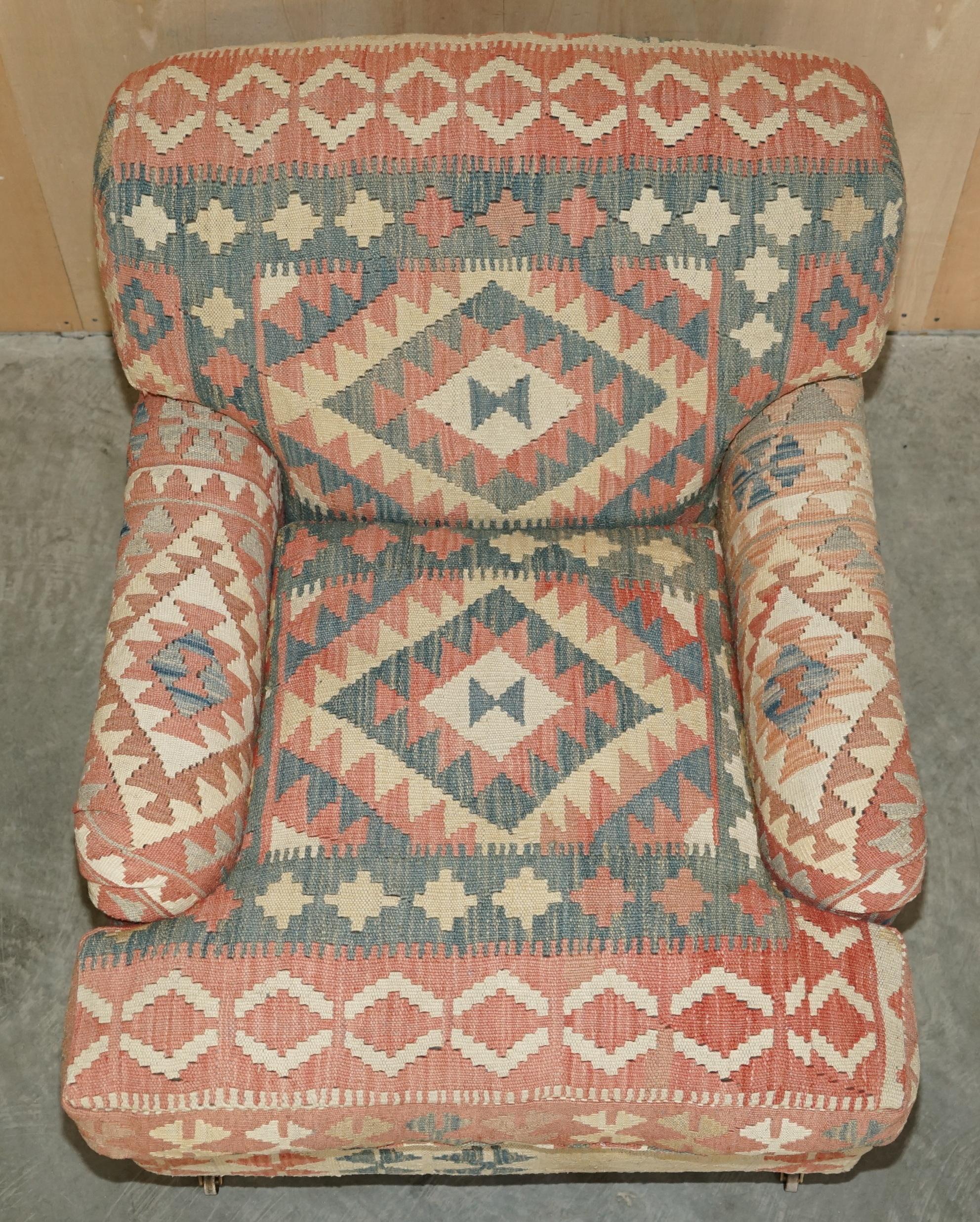George Smith Kilim & Brown Leather Howard & Son's Armchair & Ottoman / Footstool 4