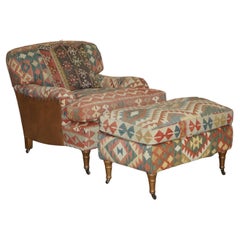 George Smith Kilim & Brown Leather Howard & Son's Armchair & Ottoman / Footstool