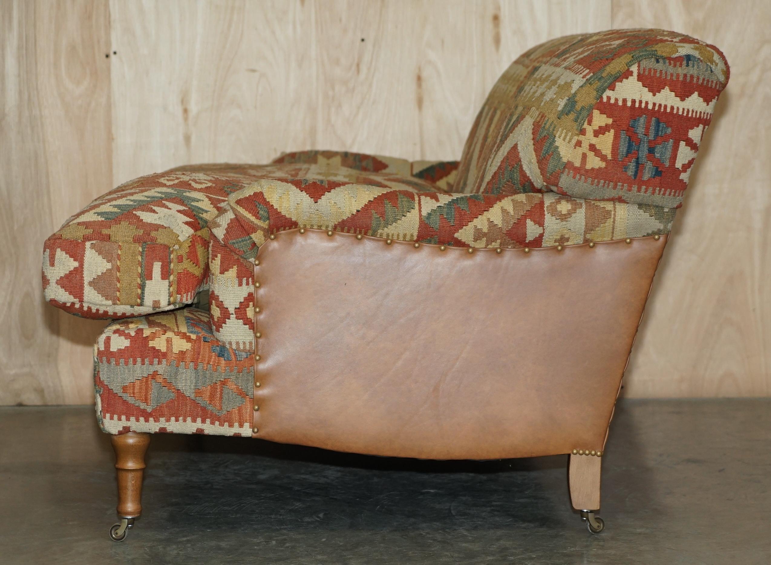 George Smith Kilim & Brown Leather Howard & Son's Two to Three Seat Sofa 10