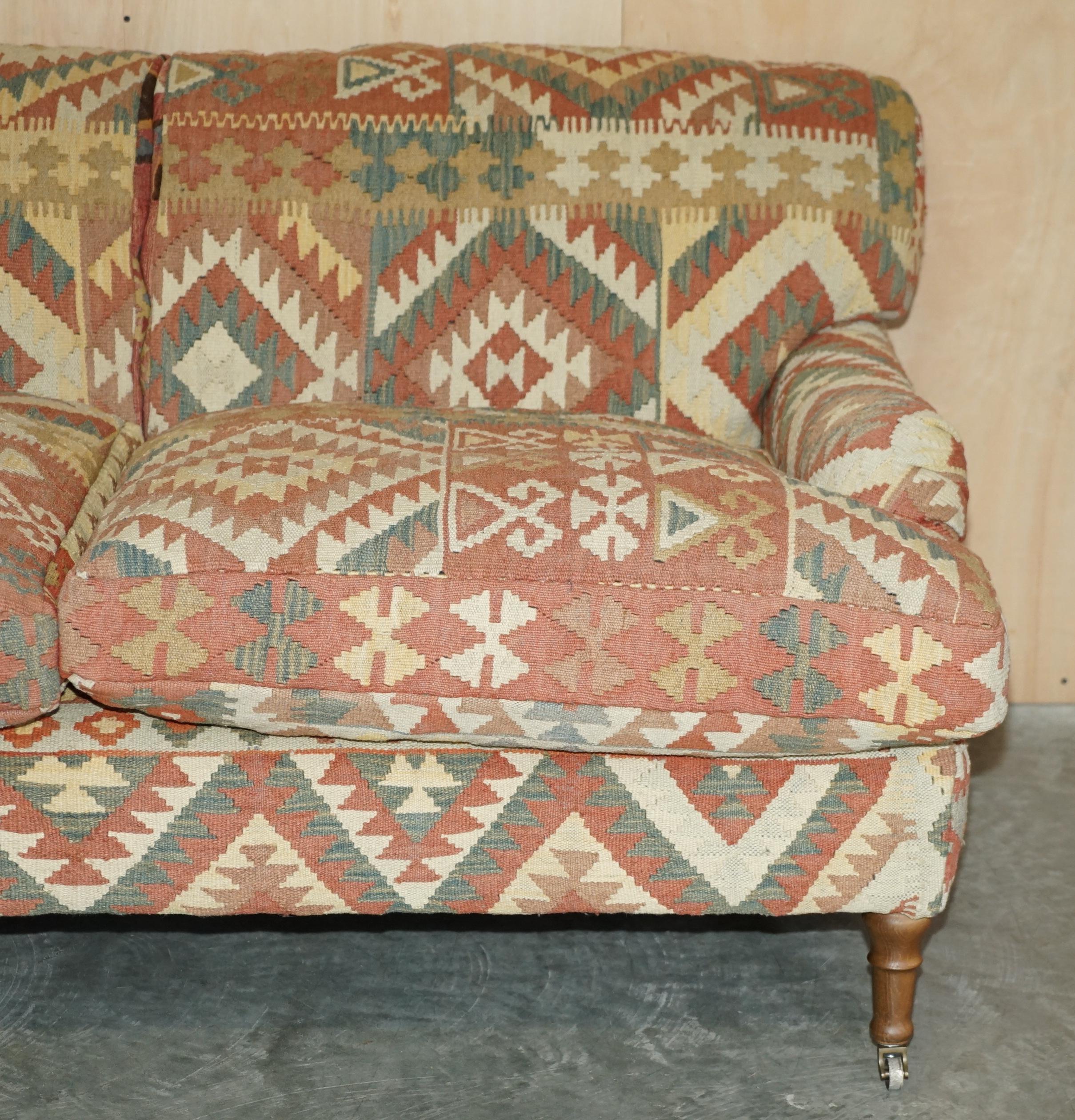 Hand-Crafted George Smith Kilim & Brown Leather Howard & Son's Two to Three Seat Sofa