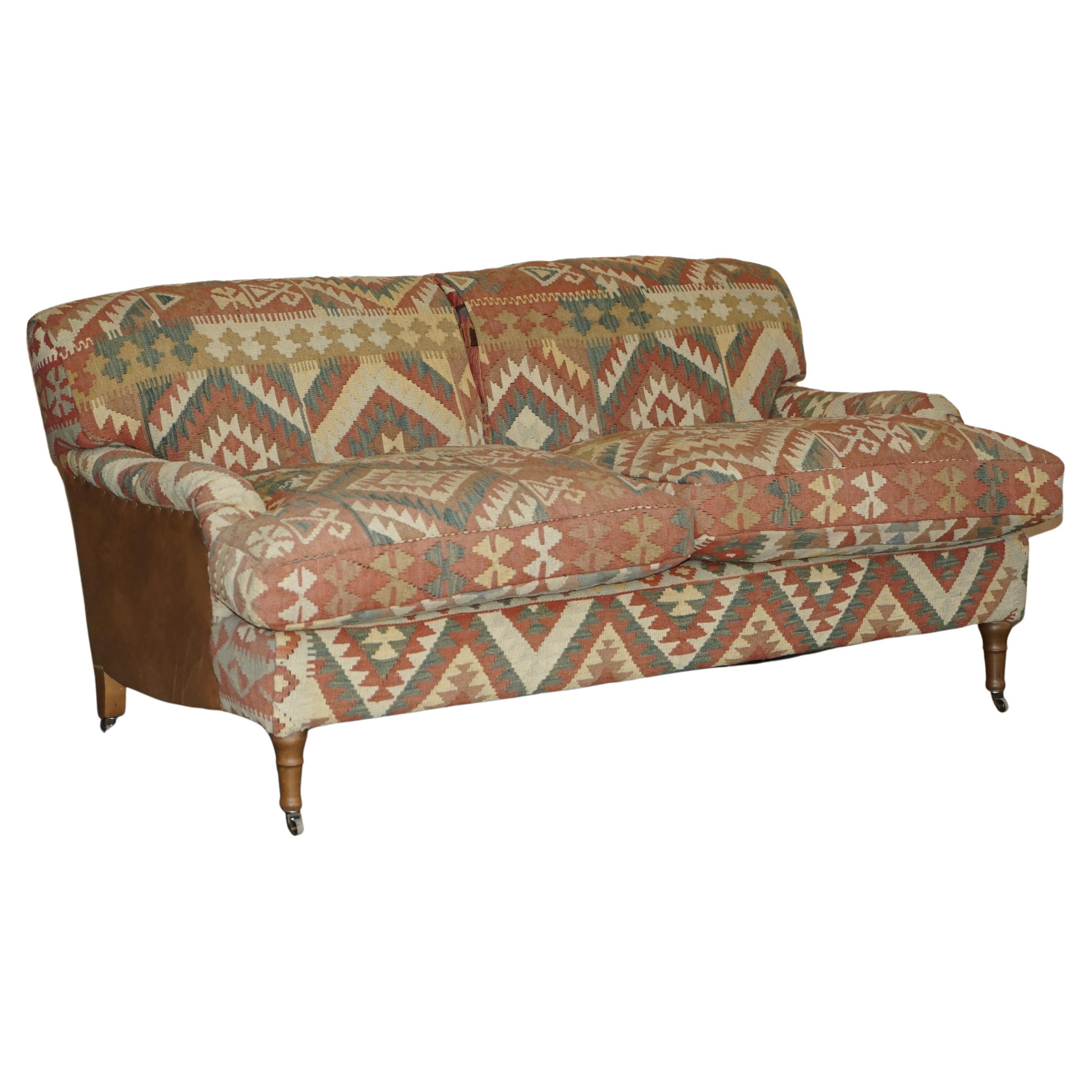 George Smith Kilim & Brown Leather Howard & Son's Two to Three Seat Sofa