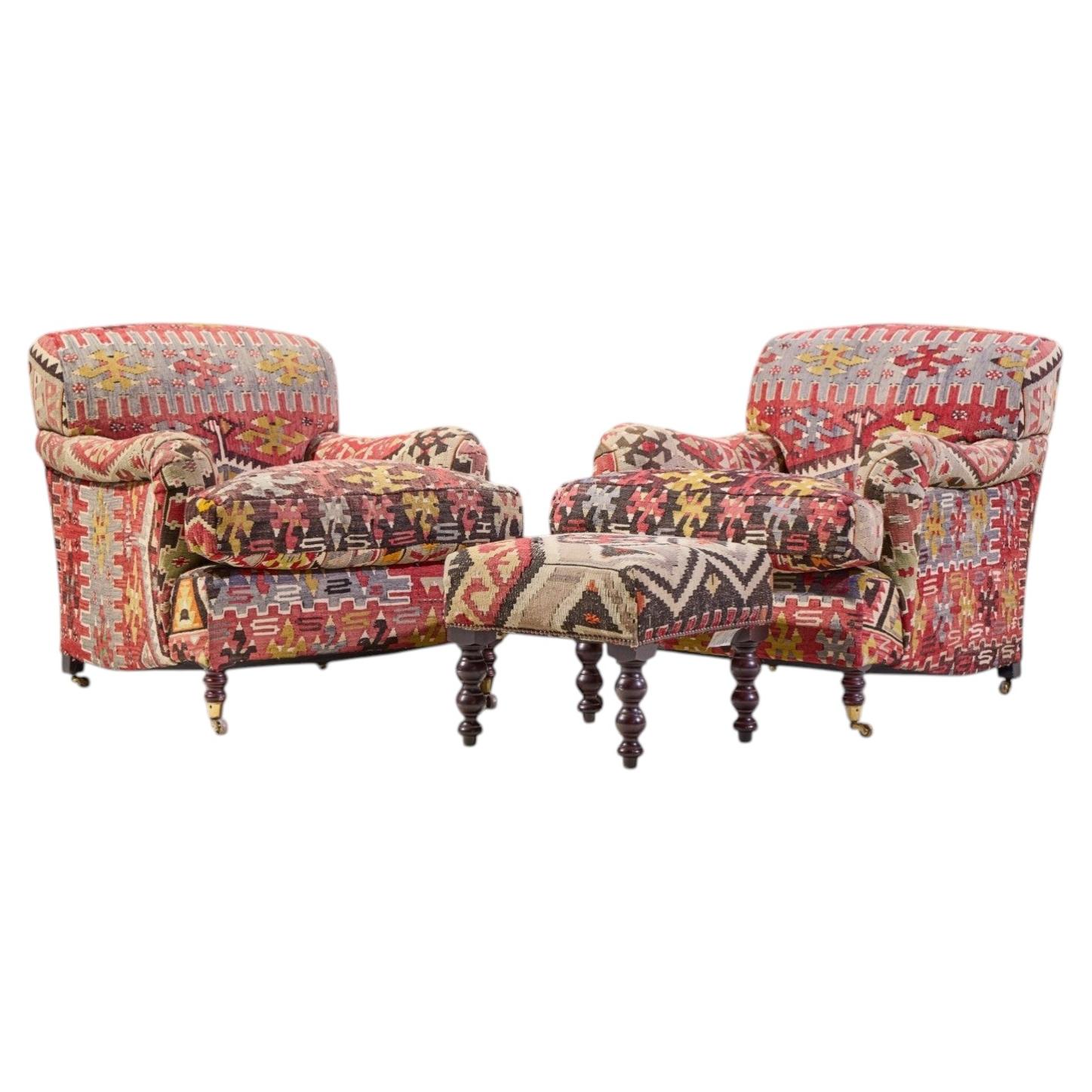 George Smith Kilim Lounge Chairs - Pair with Ottoman