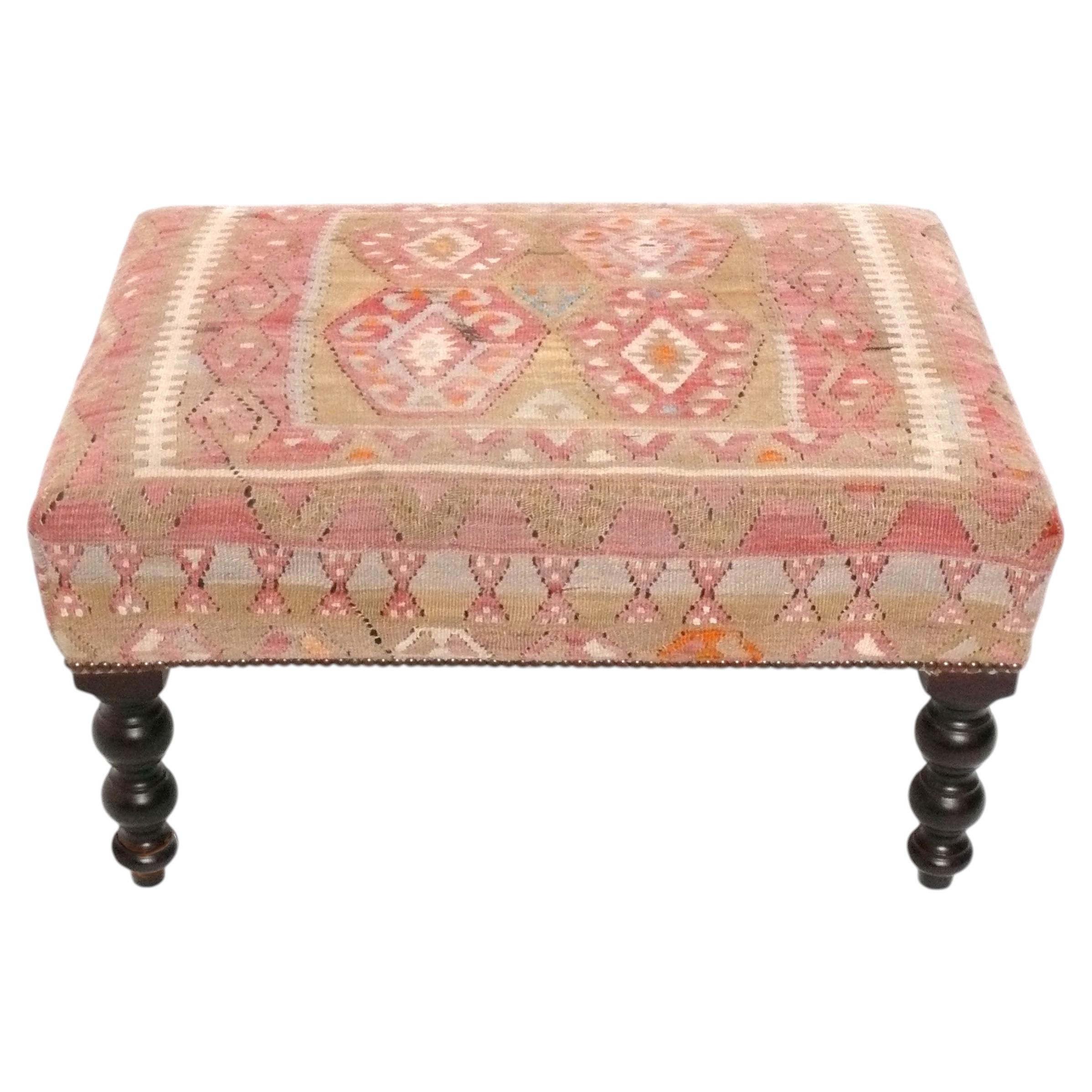 George Smith Kilim Upholstered Bench Stool English Country Style Tribal Rug 29"L