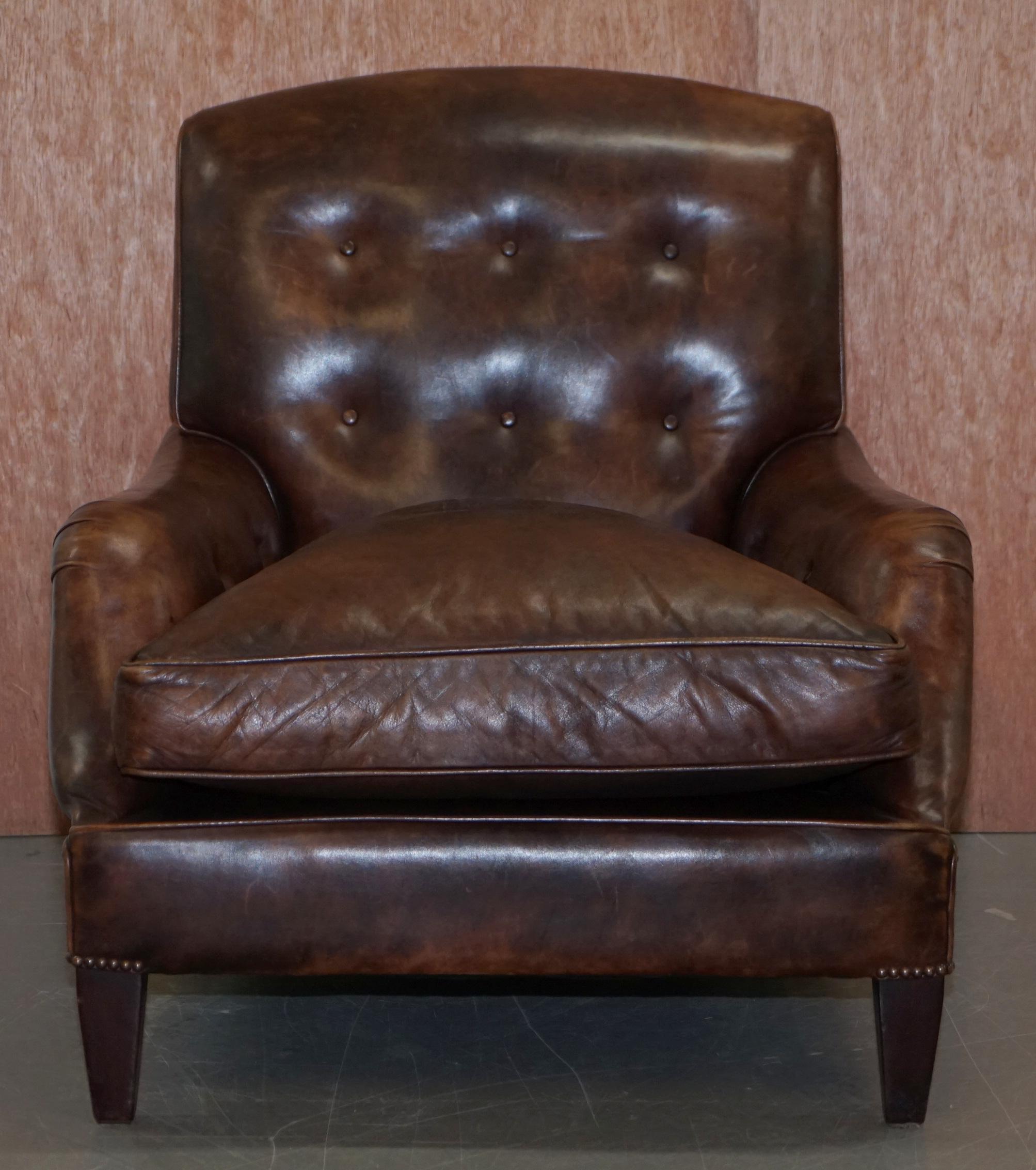 We are delighted to offer for sale this stunning handmade in England RRP £7000 George Smith aged brown leather Lennagan armchair

A very comfortable and well made club or library armchair, it has an elongated seat platform with a very comfortable