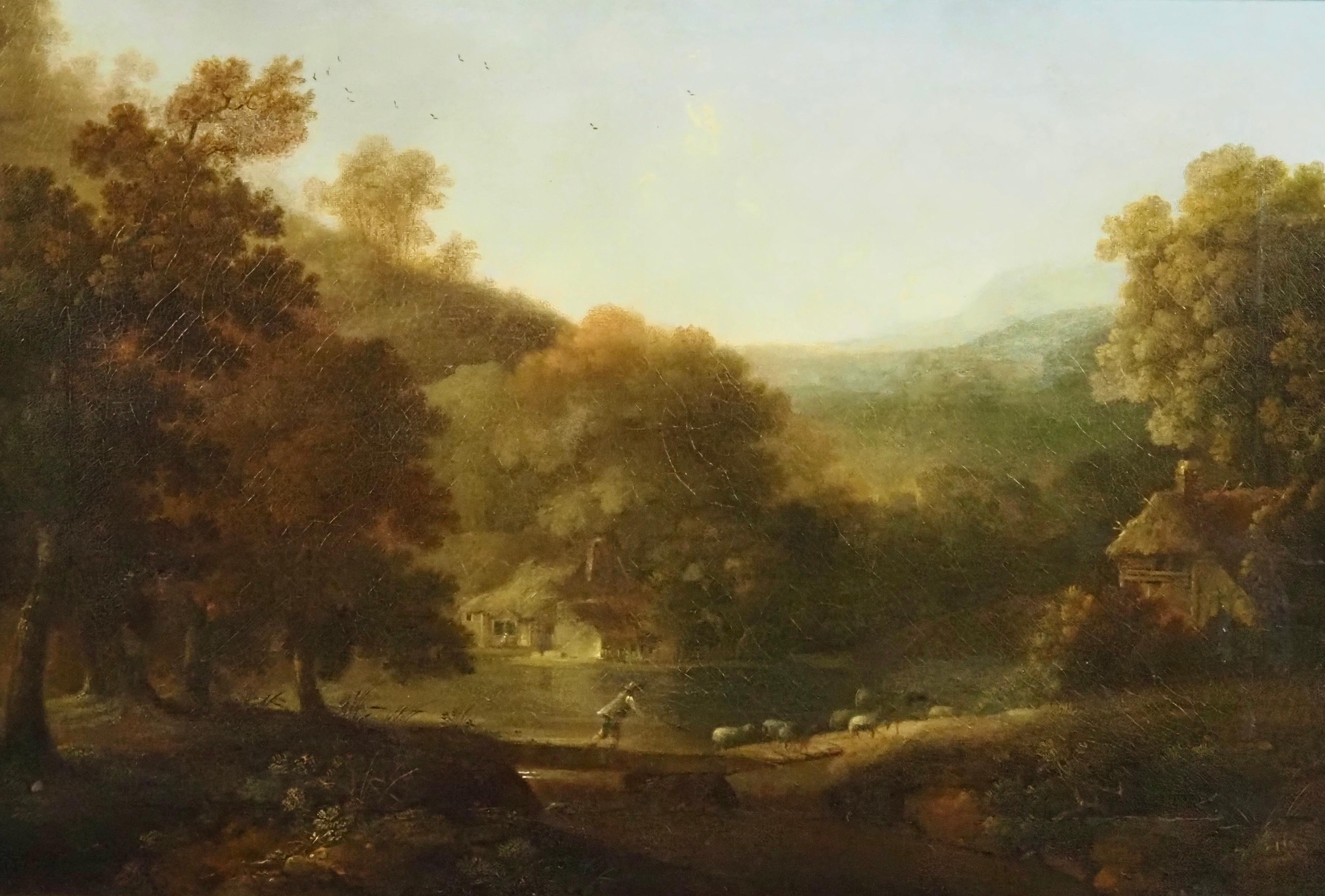 A classical landscape with a shepherd and his flock - Painting by George Smith of Chichester