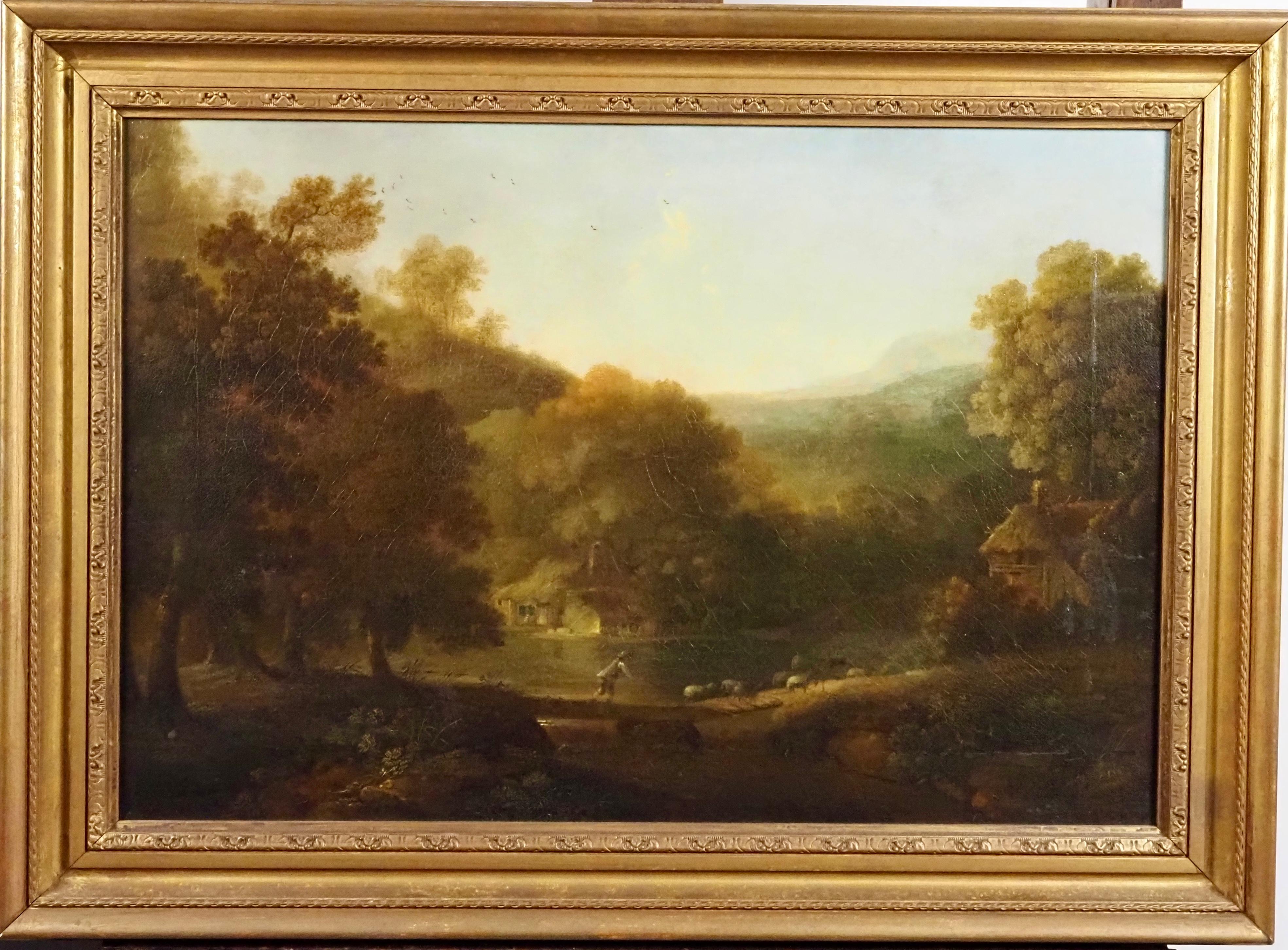 George Smith of Chichester Landscape Painting - A classical landscape with a shepherd and his flock