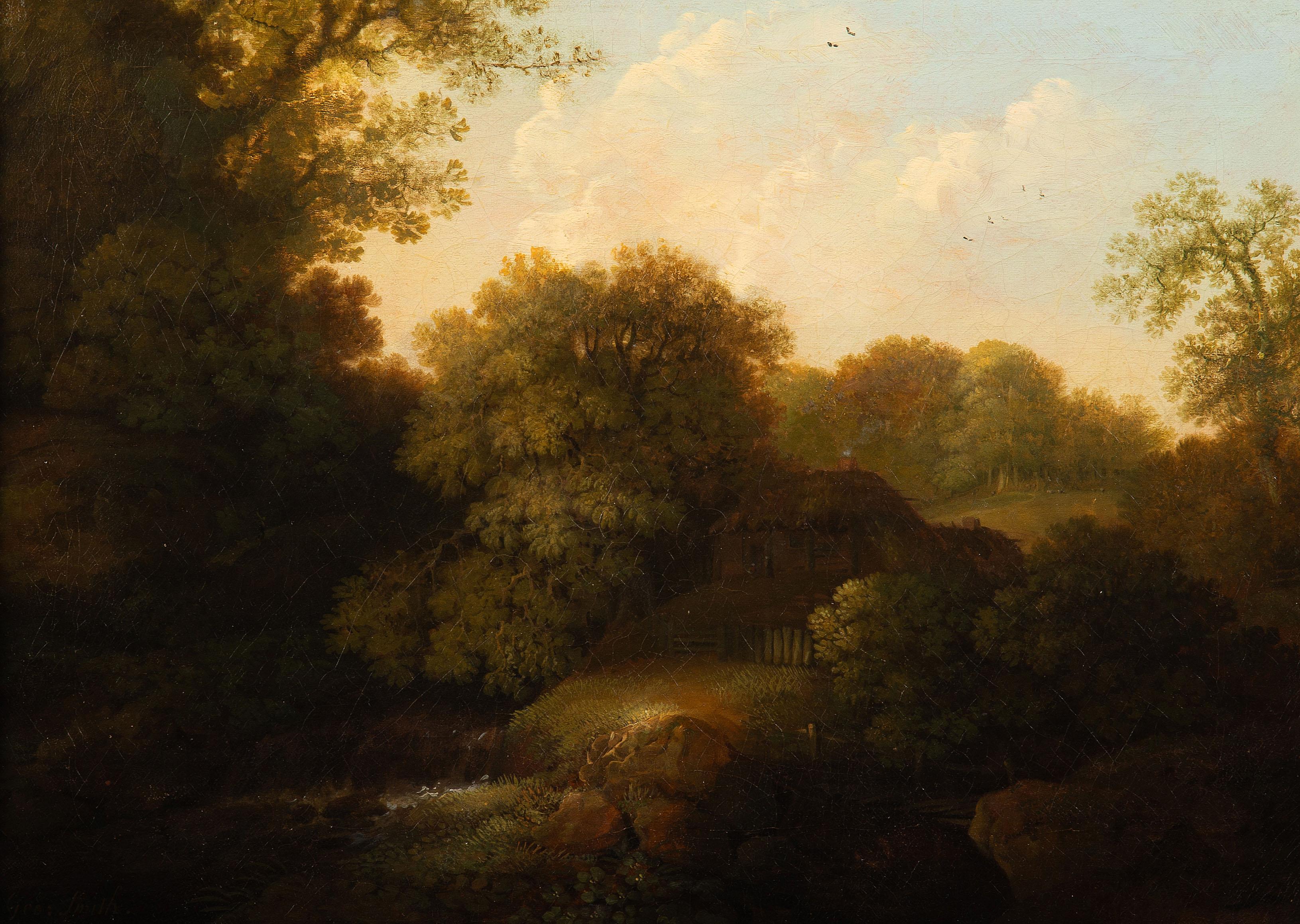 George Smith of Chichester (Chichester 1714-1776)
Landscape with figures resting by a river; River landscape with figures outside a thatched cottage
Both Signed Geo: Smith
A pair, Oil on canvas
Canvas Size - 12 x 17 in
Framed Size - 17 x 21