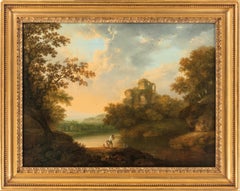 Figures by a river in a landscape with classical ruins beyond