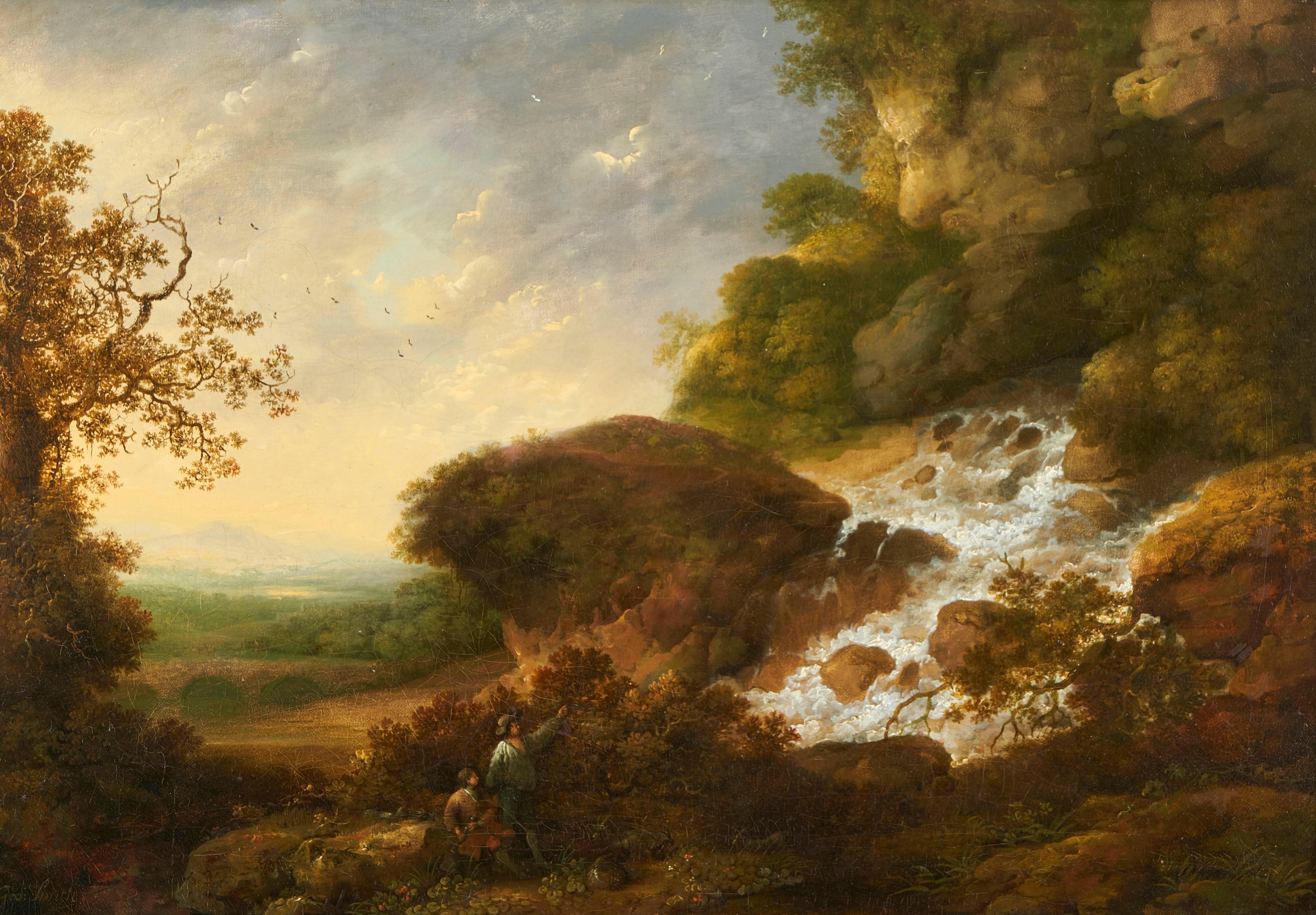 Landschaft mit Gänseblümchen in der Nähe eines Wasserfalles – Painting von George Smith of Chichester
