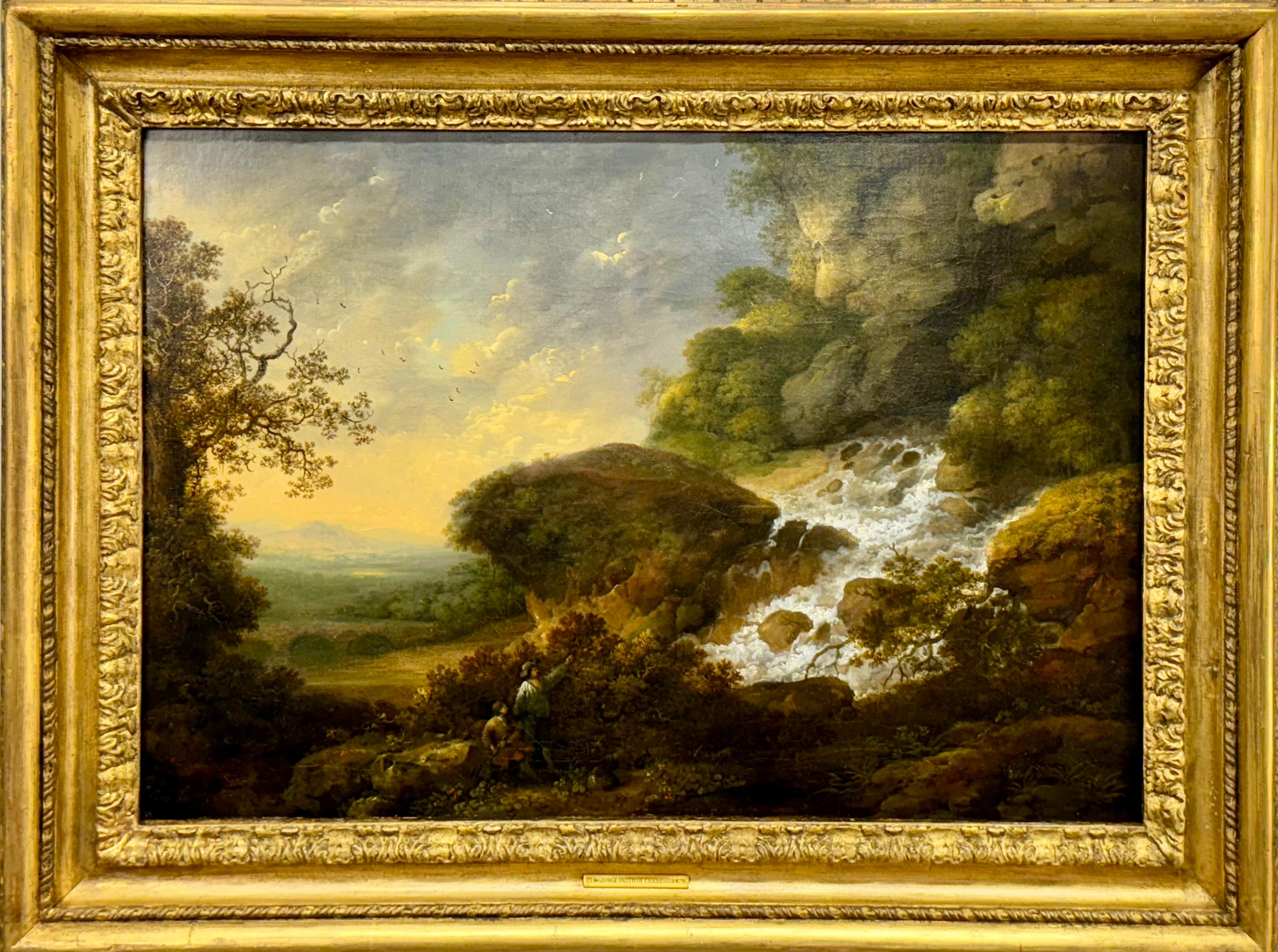 Landschaft mit Gänseblümchen in der Nähe eines Wasserfalles (Braun), Landscape Painting, von George Smith of Chichester
