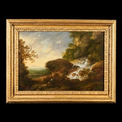 Antique Landscape with goatherds near a waterfall