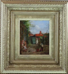 Antique Original Oil on Panel, George Smith. "Feeding the Kitten"