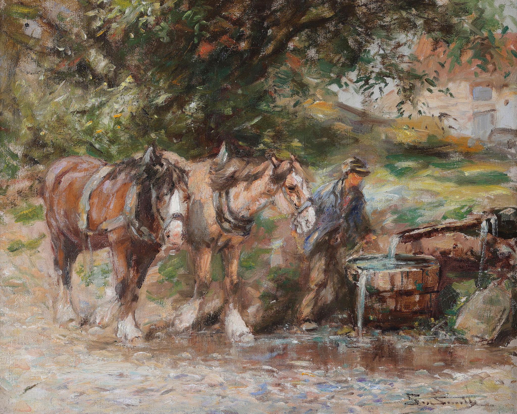 Watering Horses - Painting by George Smith