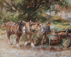 Impressionist Oil Painting of Watering Horses by George Smith Early 20th Century