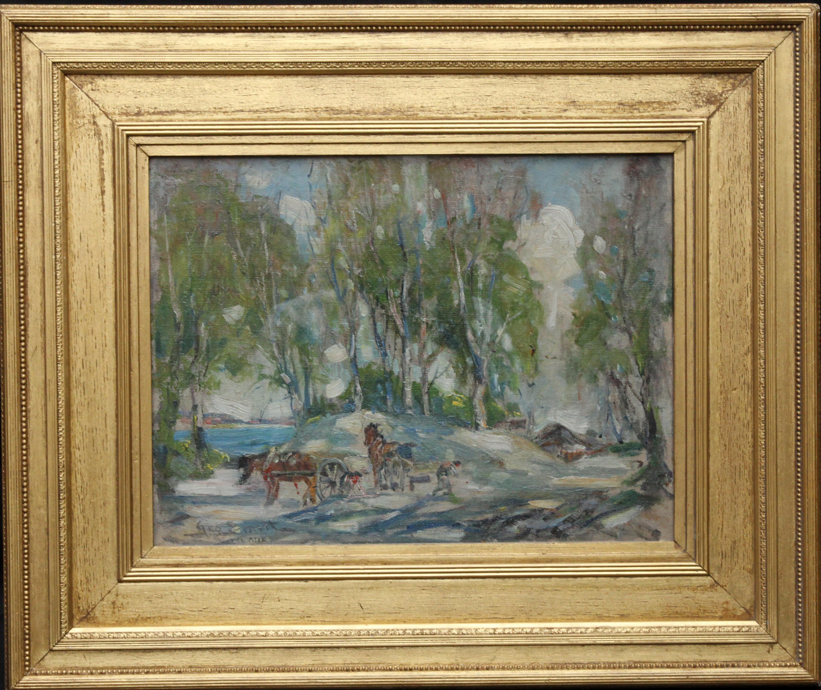 Working Horses in Scottish Landscape - Scottish 1920s art Impressionist painting For Sale 9