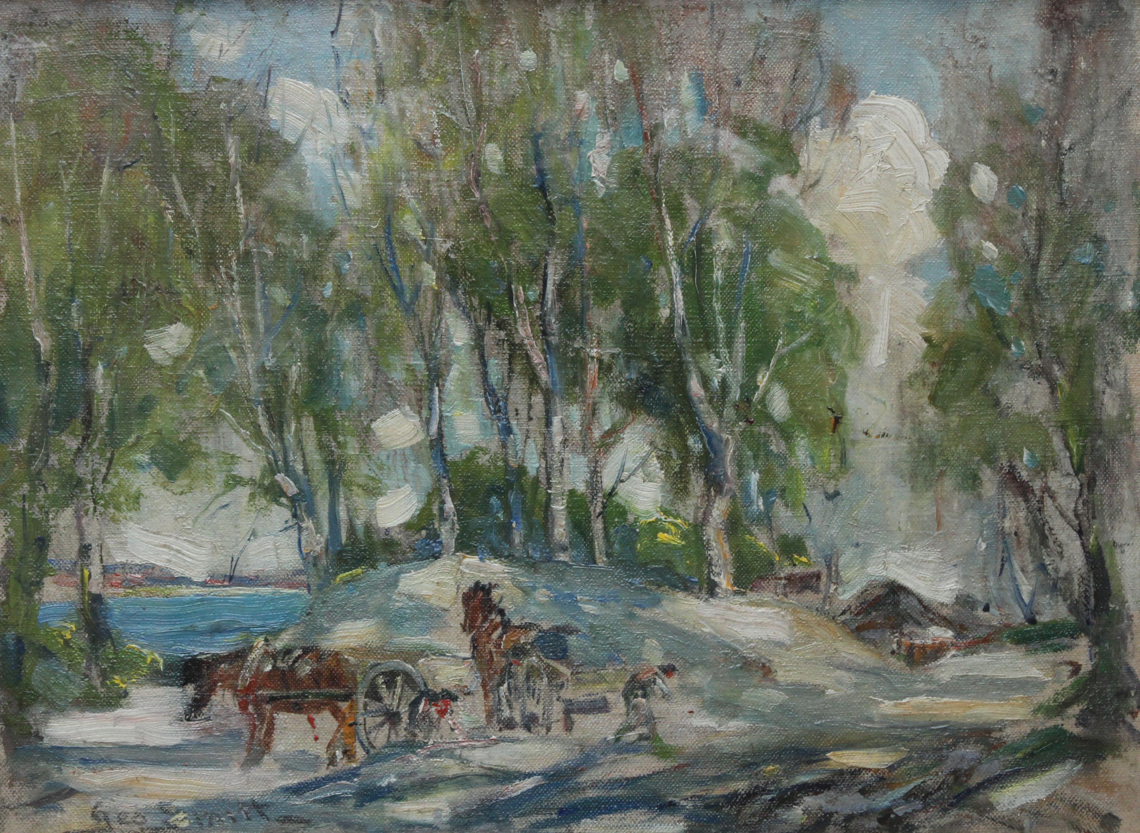 Working Horses in Scottish Landscape - Scottish 1920s art Impressionist painting - Painting by George Smith
