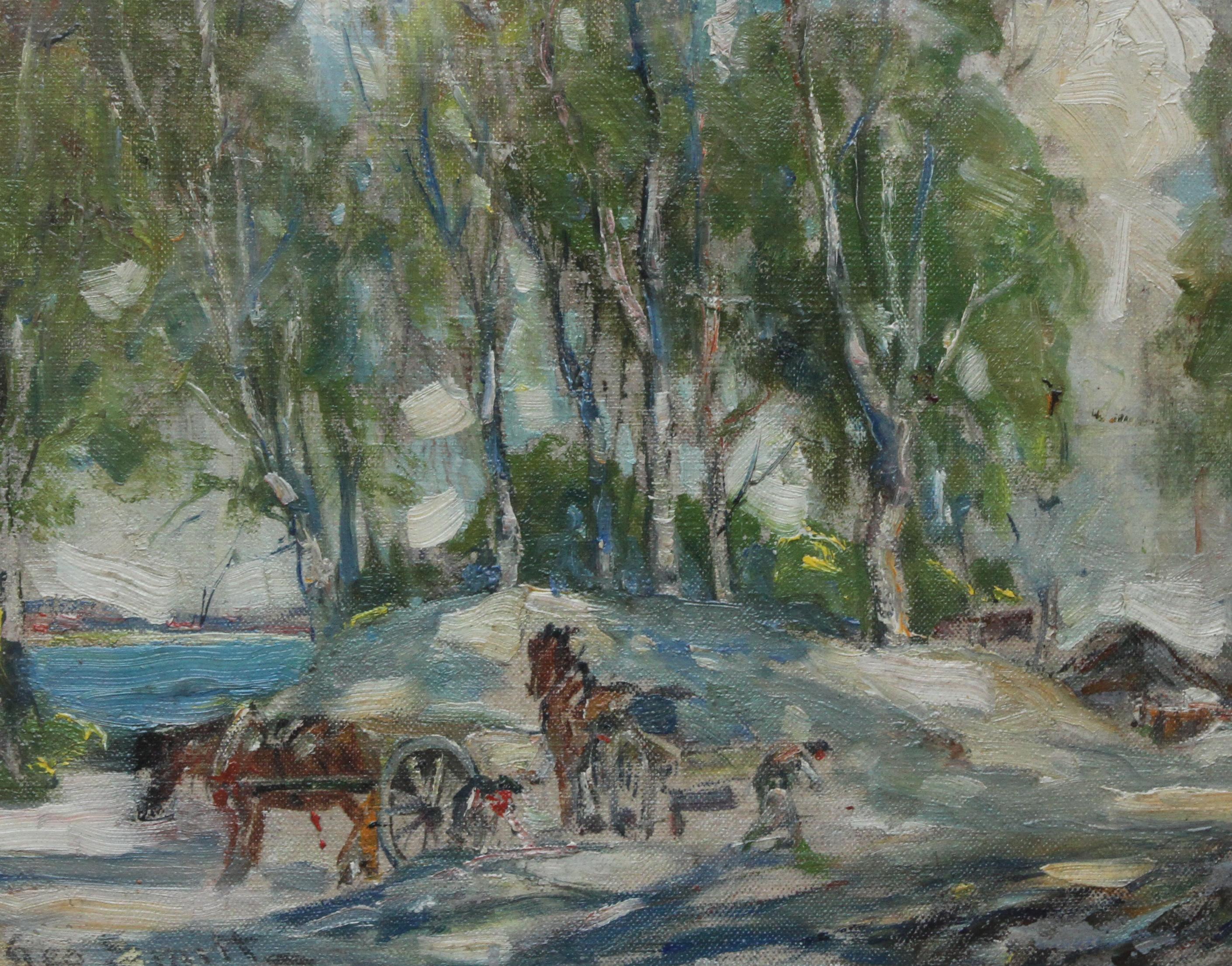 This lovely Impressionist Colourist oil painting is a fine example of the work of noted Scottish landscape and animal artist George Smith. He was particularly known for his paintings of working horses of which ours has two such horses in the