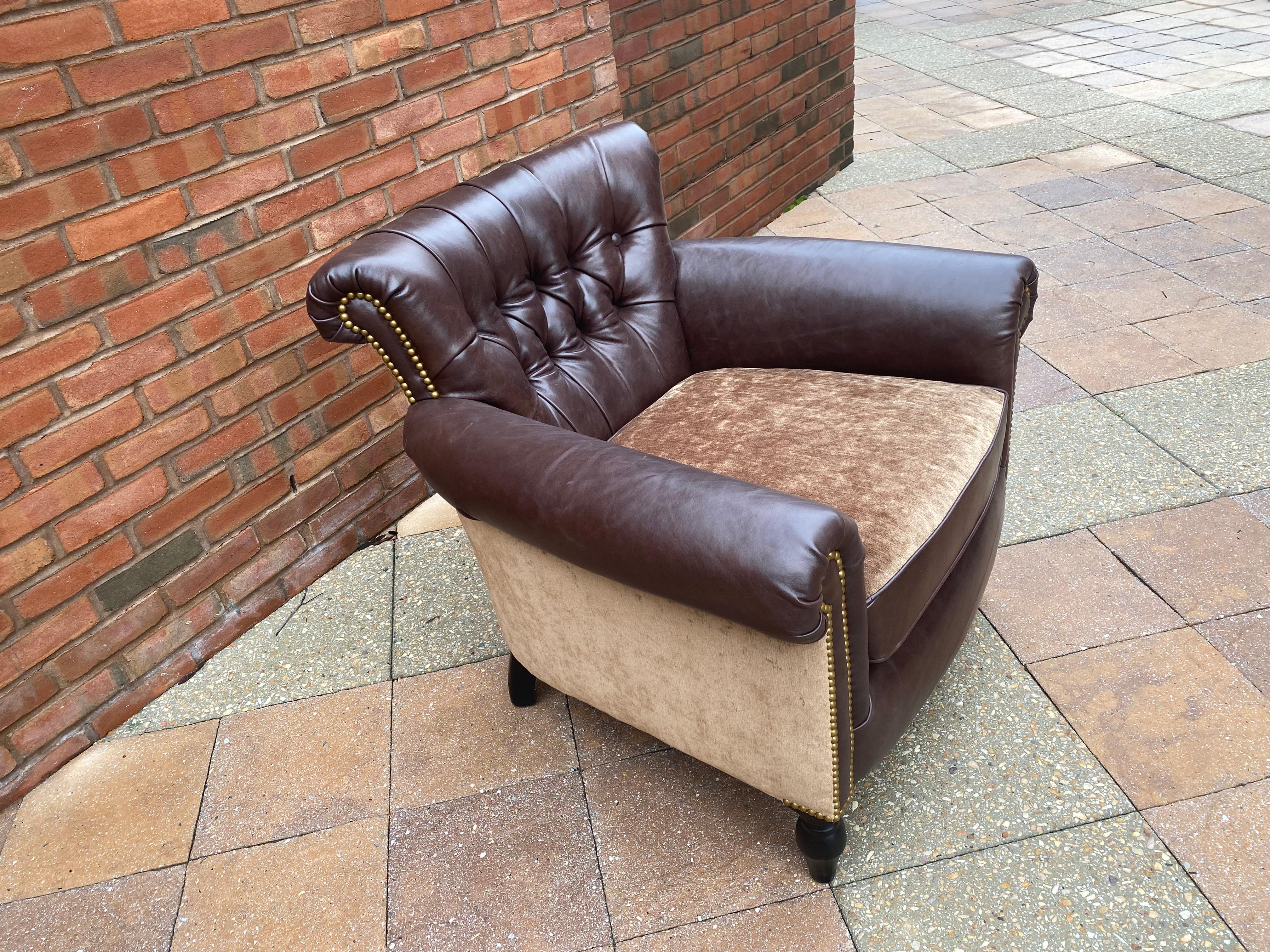 George Smith Plush Tufted Chocolate Leather & Mohair Club Chair For Sale 2
