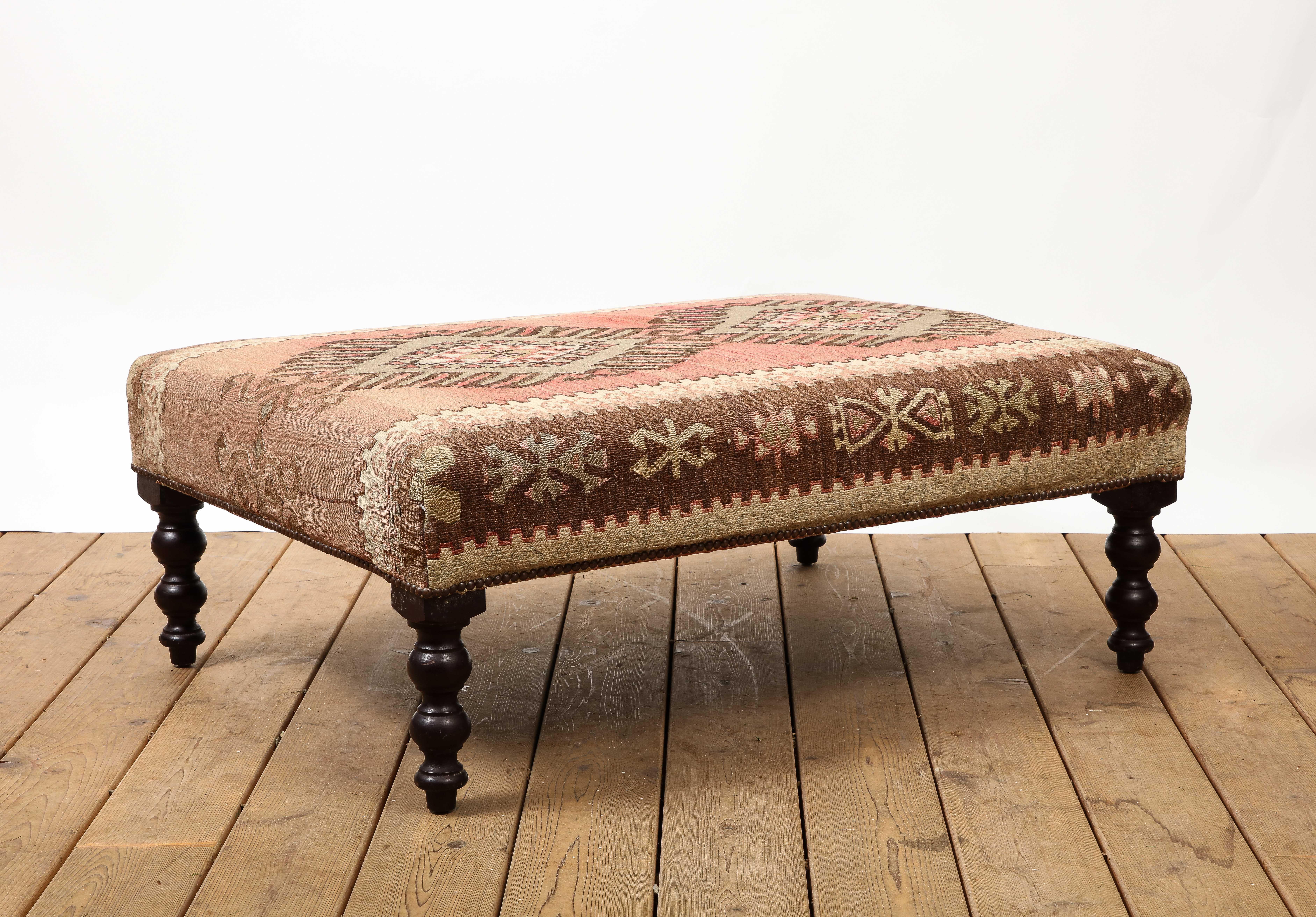 Turned George Smith Rectangular Ottoman with Unique Kilim Top