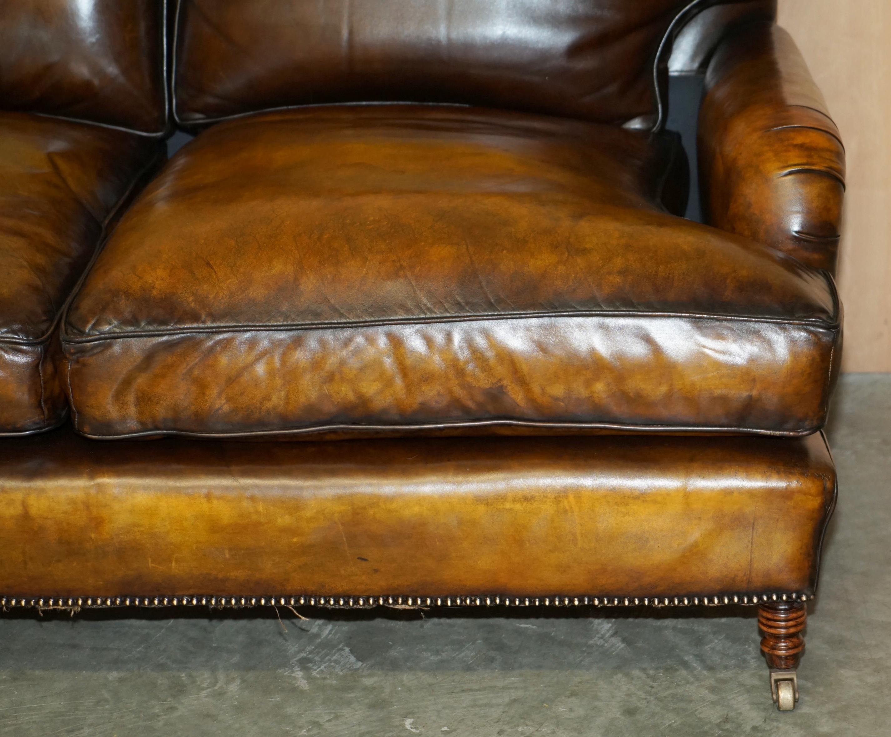 GEORGE SMITH RESTORED HOWARD & SON'S BROWN LEATHER SiGNATURE SCROLL ARM SOFA For Sale 2