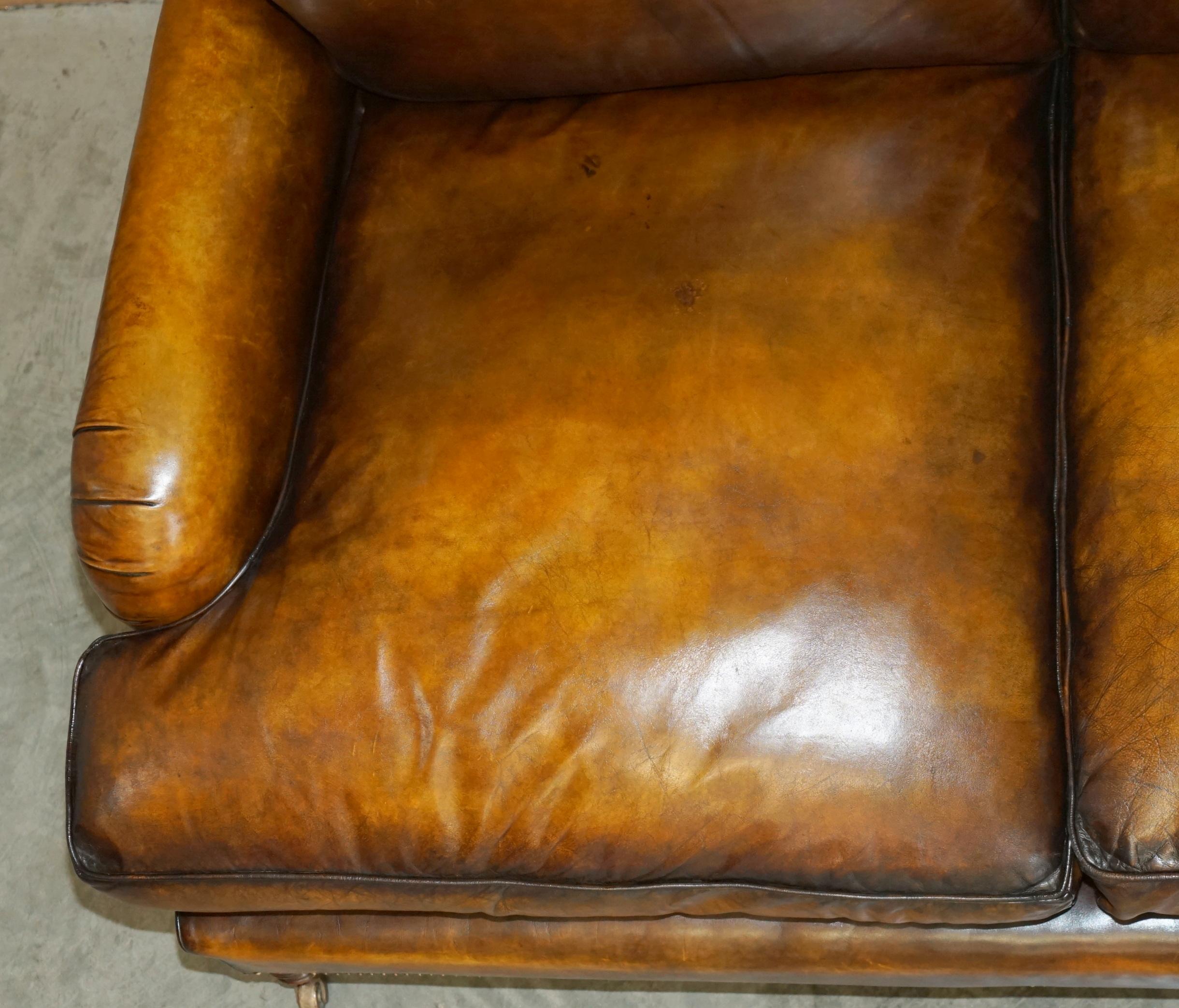 GEORGE SMITH RESTORED HOWARD & SON'S BROWN LEATHER SiGNATURE SCROLL ARM SOFA For Sale 6