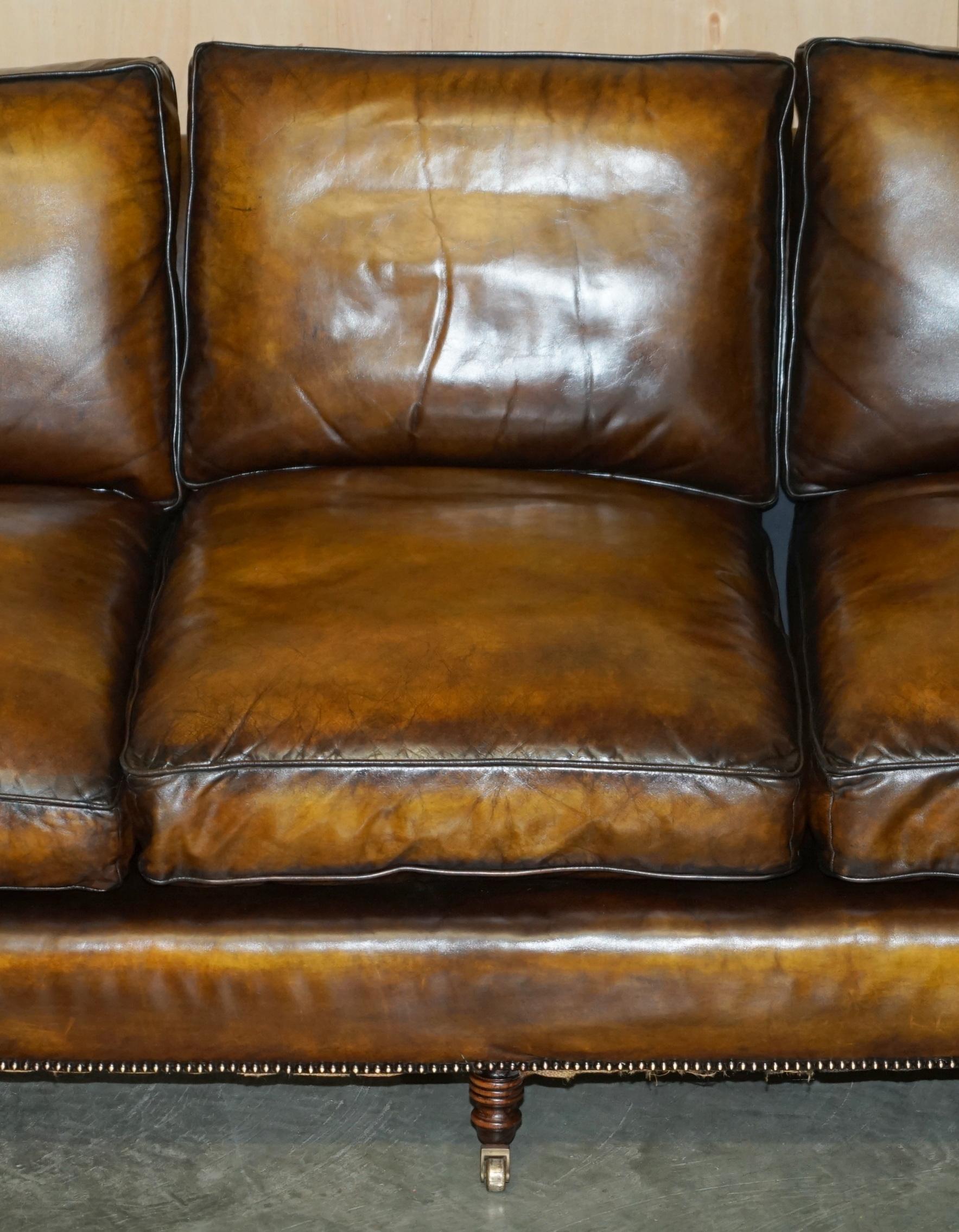 Hand-Crafted GEORGE SMITH RESTORED HOWARD & SON'S BROWN LEATHER SiGNATURE SCROLL ARM SOFA For Sale