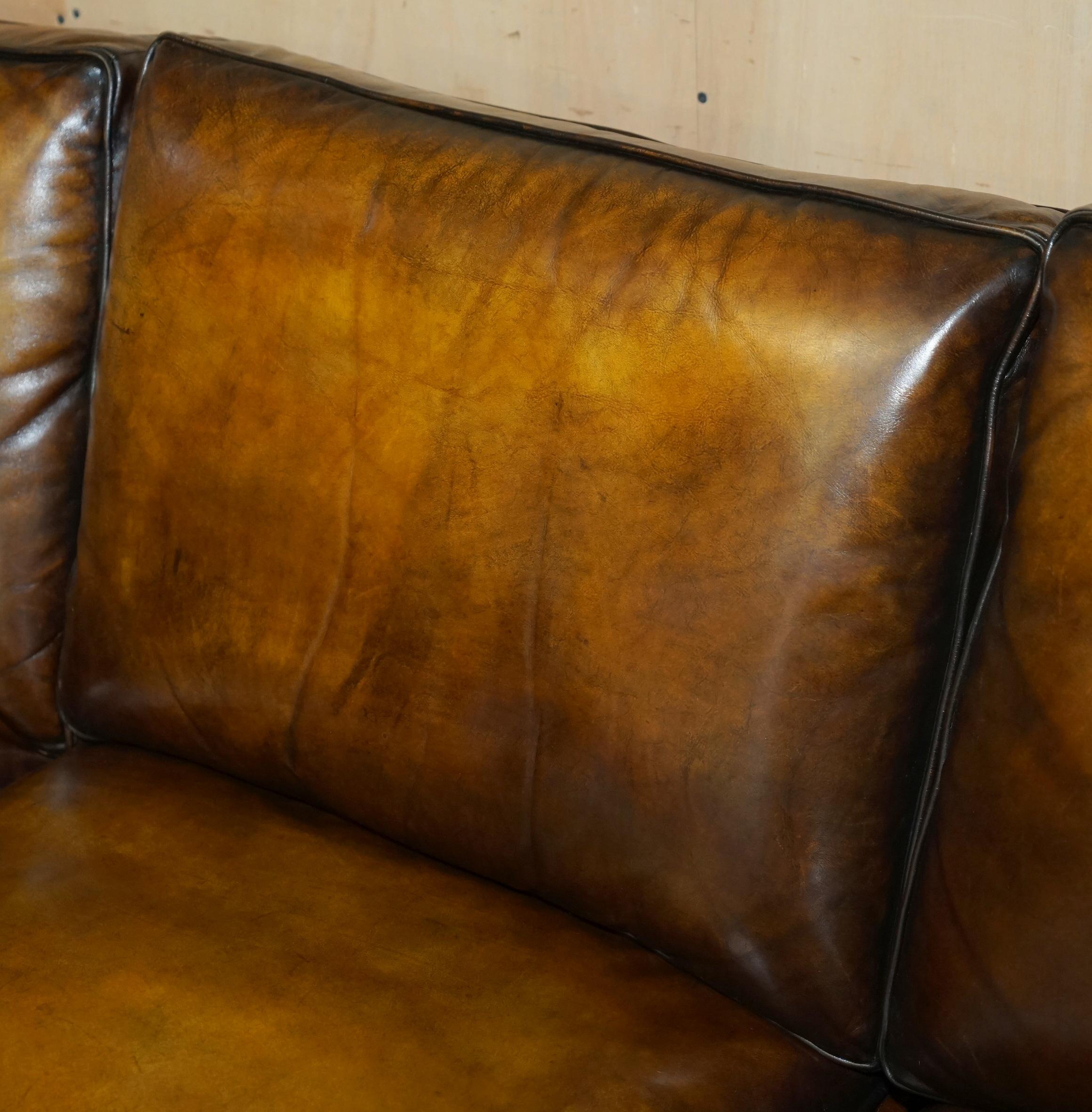 20th Century GEORGE SMITH RESTORED HOWARD & SON'S BROWN LEATHER SiGNATURE SCROLL ARM SOFA For Sale