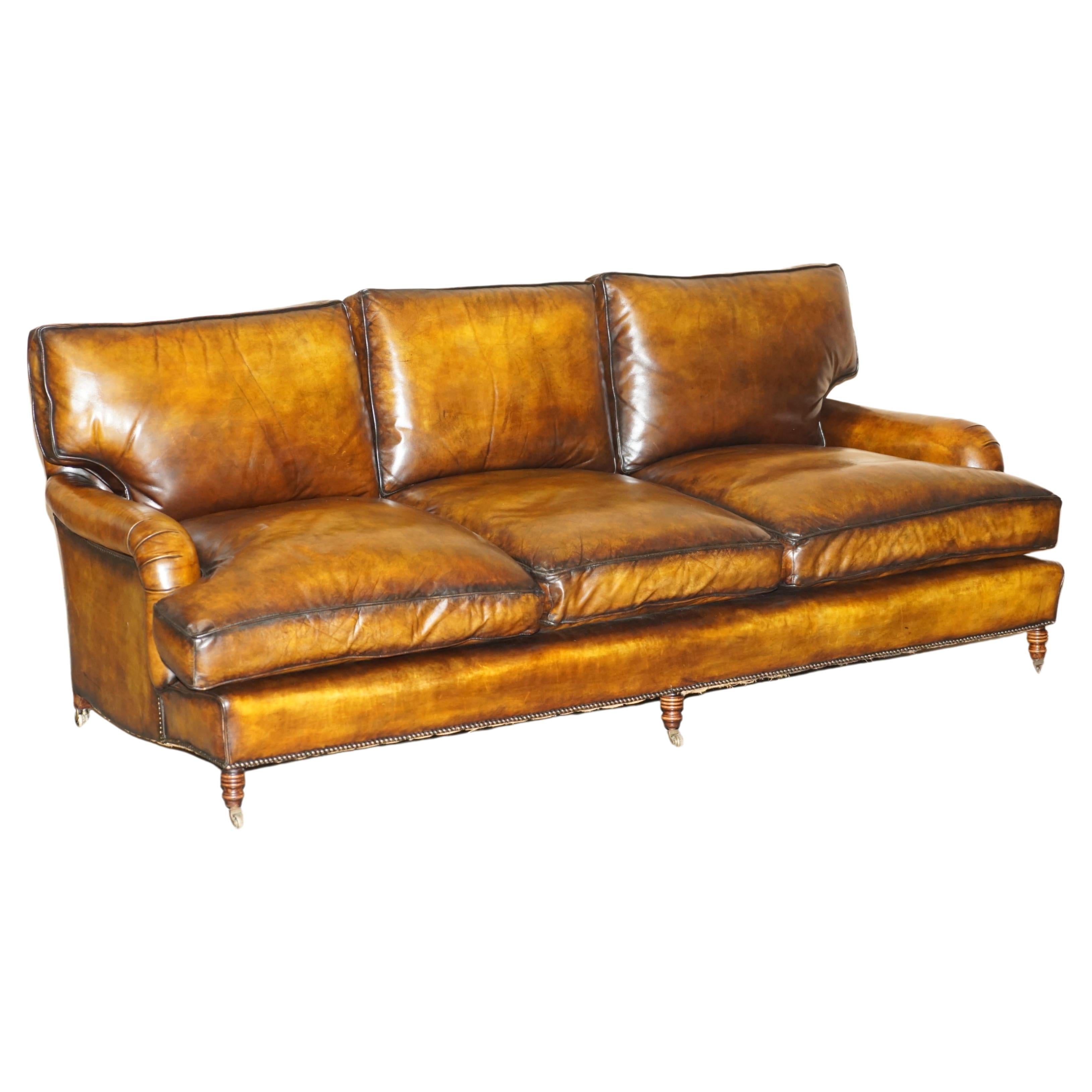 GEORGE SMITH RESTORED HOWARD & SON'S BROWN LEATHER SiGNATURE SCROLL ARM SOFA
